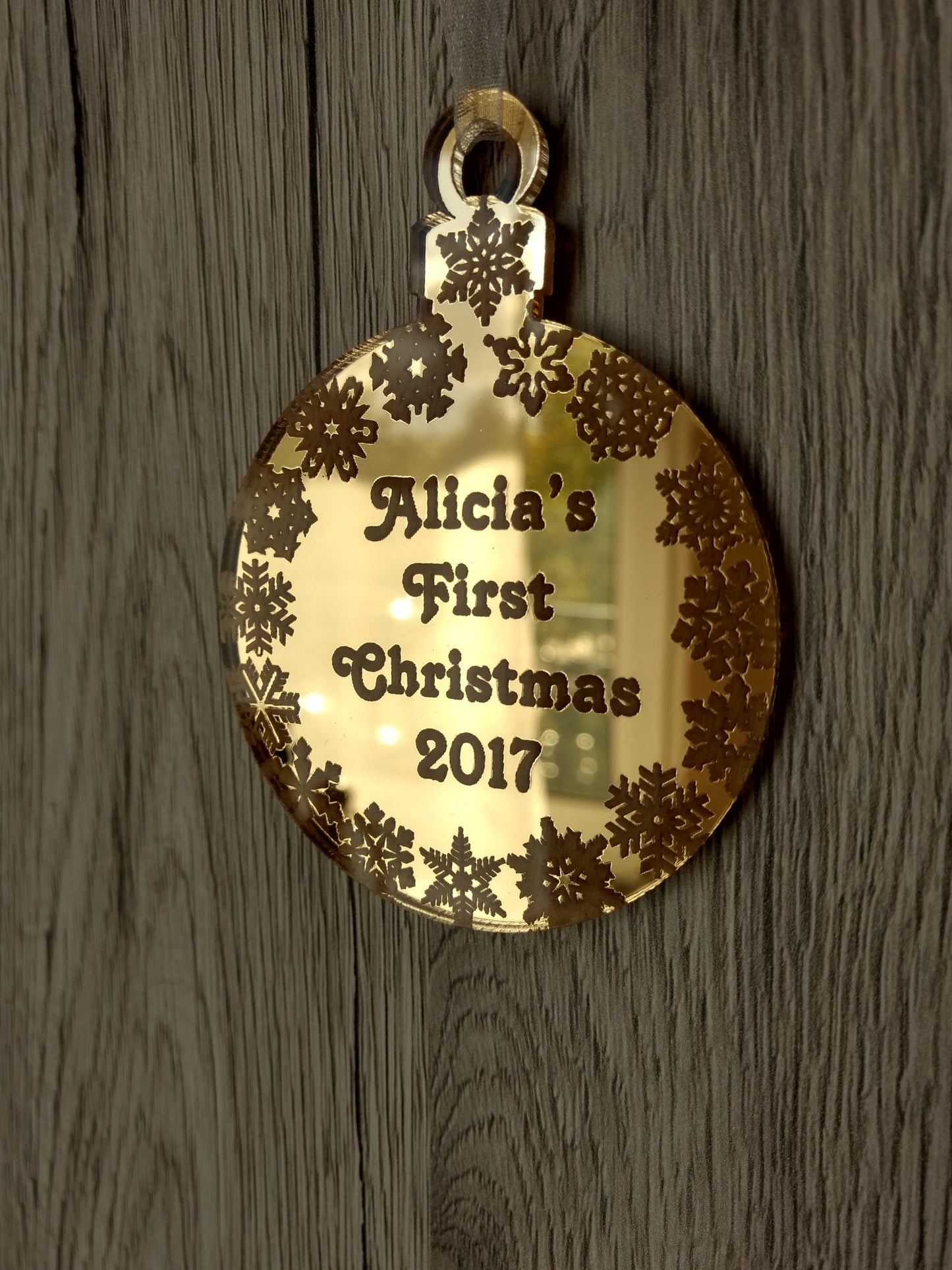 Personalized name bauble heart star shape first Christmas tree ornament decorations Xmas any message your text clear gold or silver mirror