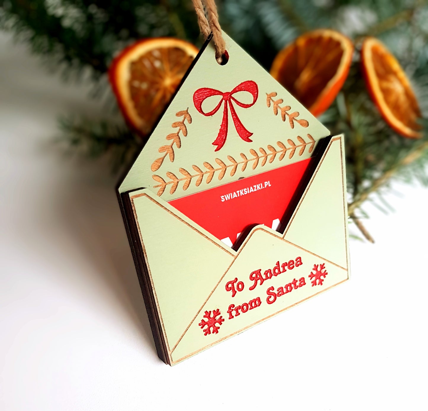 Custom wooden gift card or money holder, envelope ornament for Christmas gift personalized with name or message, sage green and red