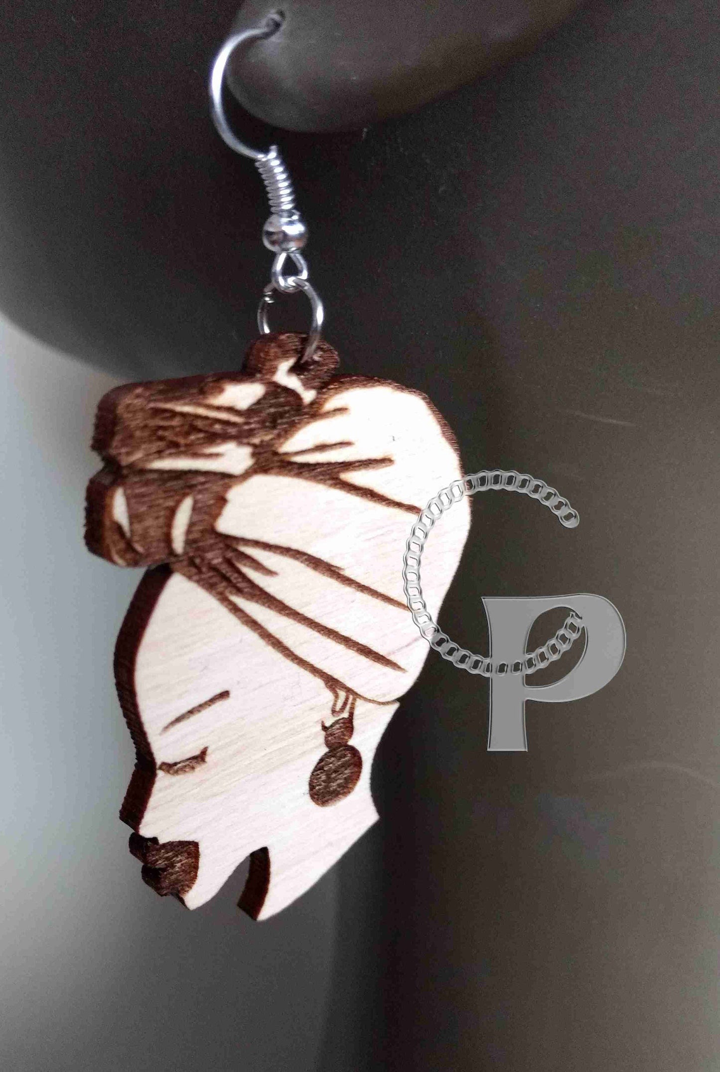 Lagre natural wooden laser cut and engraved earrings African woman headwrap silhouette