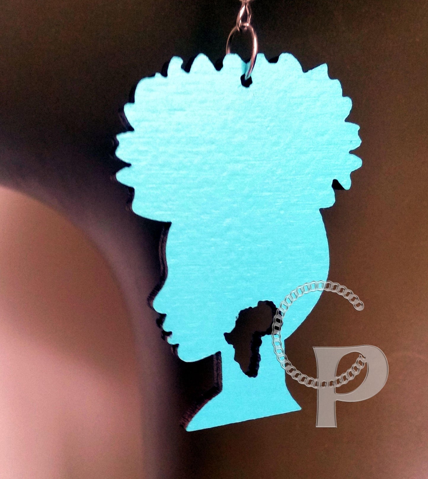Laser cut wooden earrings Afro hair girl Africa colours gold silver red black blue white turquoise