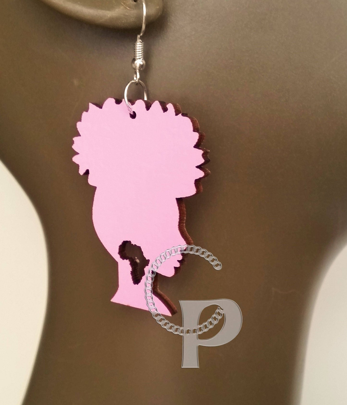 Laser cut wooden earrings Afro hair girl Africa colours gold silver red black blue white turquoise