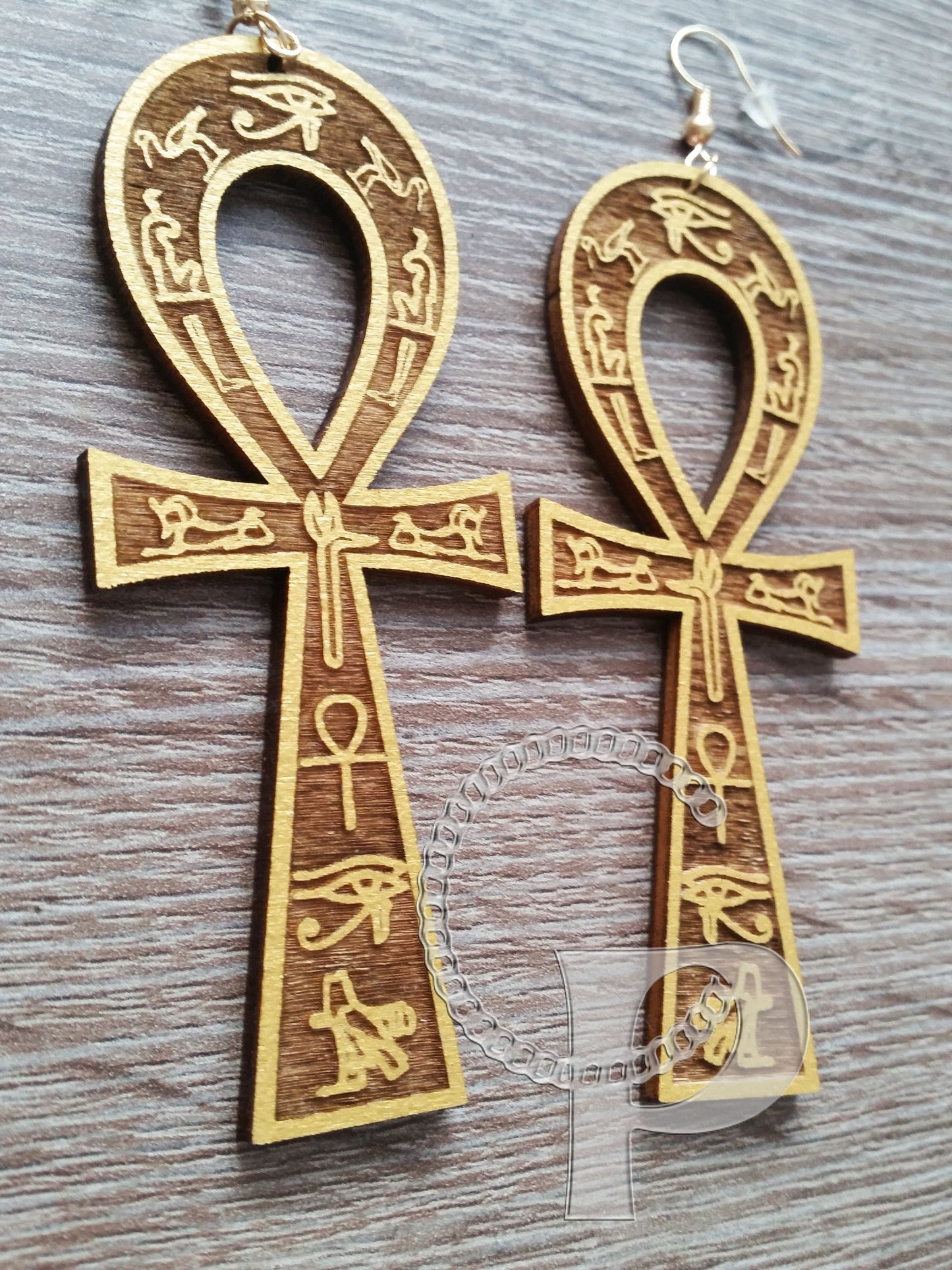 Ankh wooden earrings with hieroglyphs engravings gold and natural wood Egyptian cross
