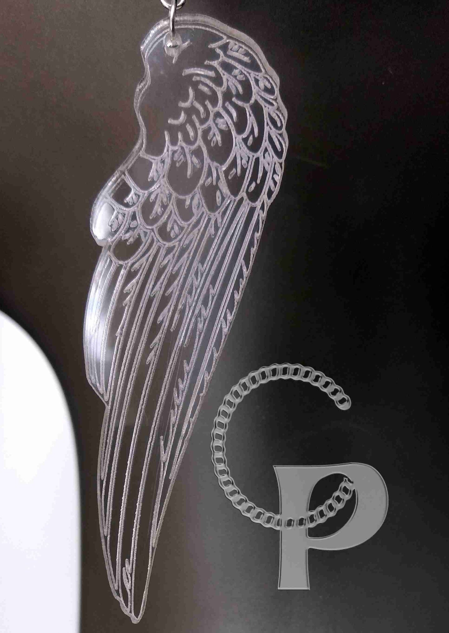 Laser cut and engraved clear acrylic earrings glass look Angel wings transparent