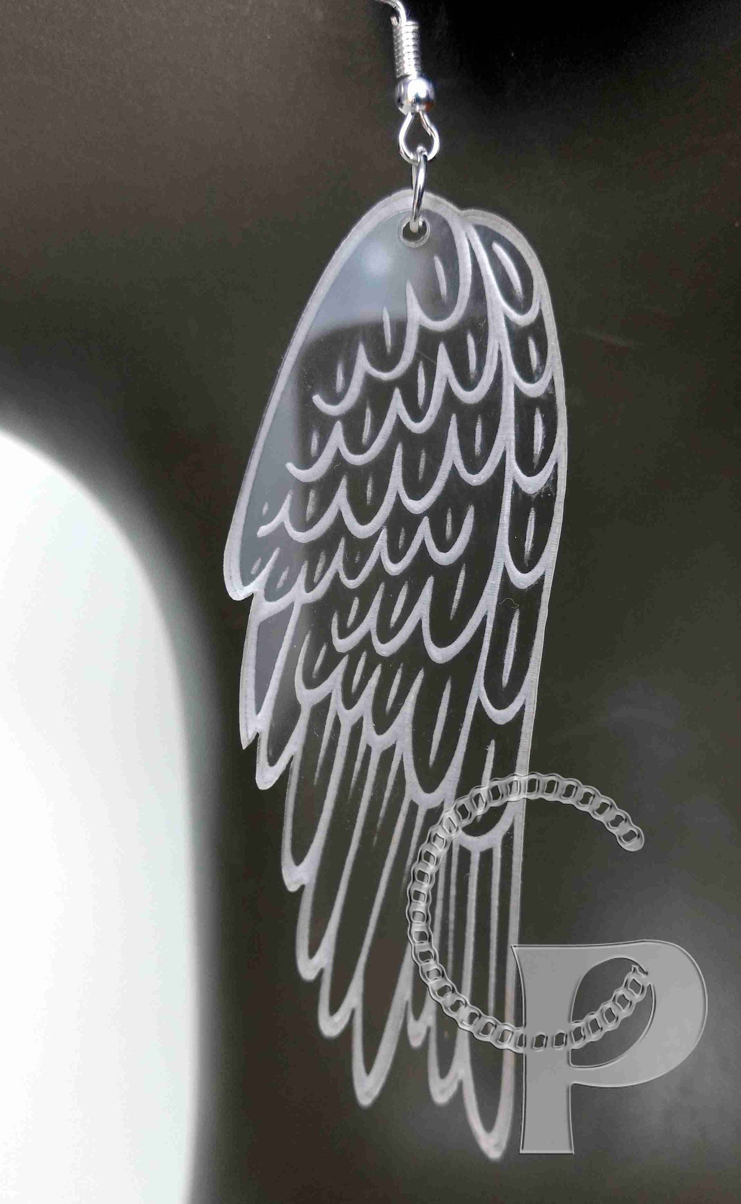 Laser cut and engraved clear acrylic earrings glass look Angel wings transparent
