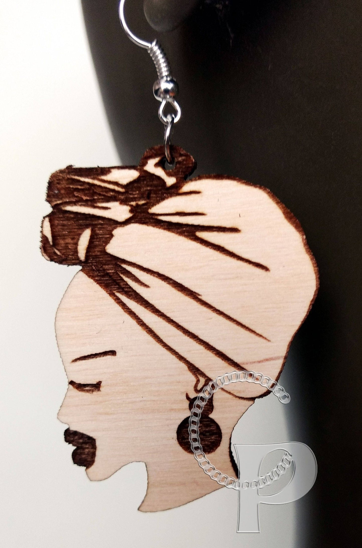 Lagre natural wooden laser cut and engraved earrings African woman headwrap silhouette