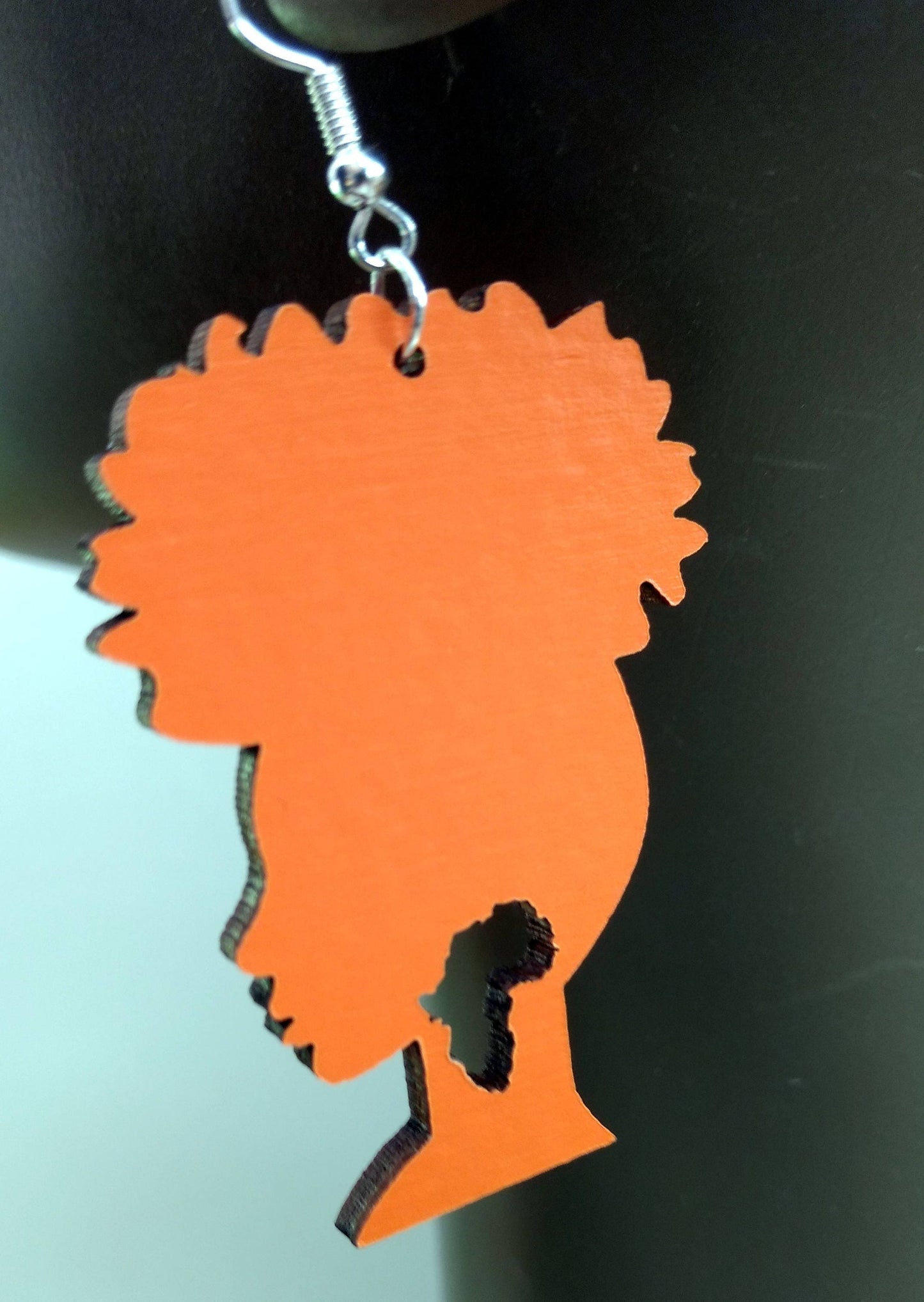 Laser cut wooden earrings Afro hair girl Africa colours gold silver red black blue white turquoise