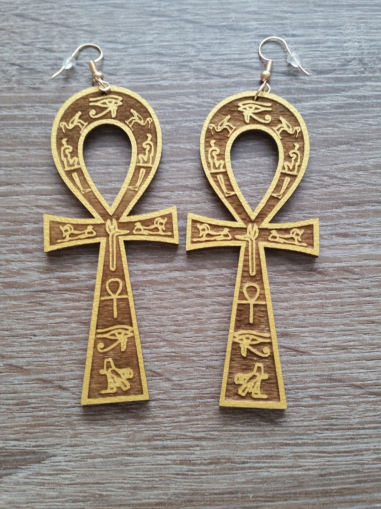 Ankh wooden earrings with hieroglyphs engravings gold and natural wood Egyptian cross