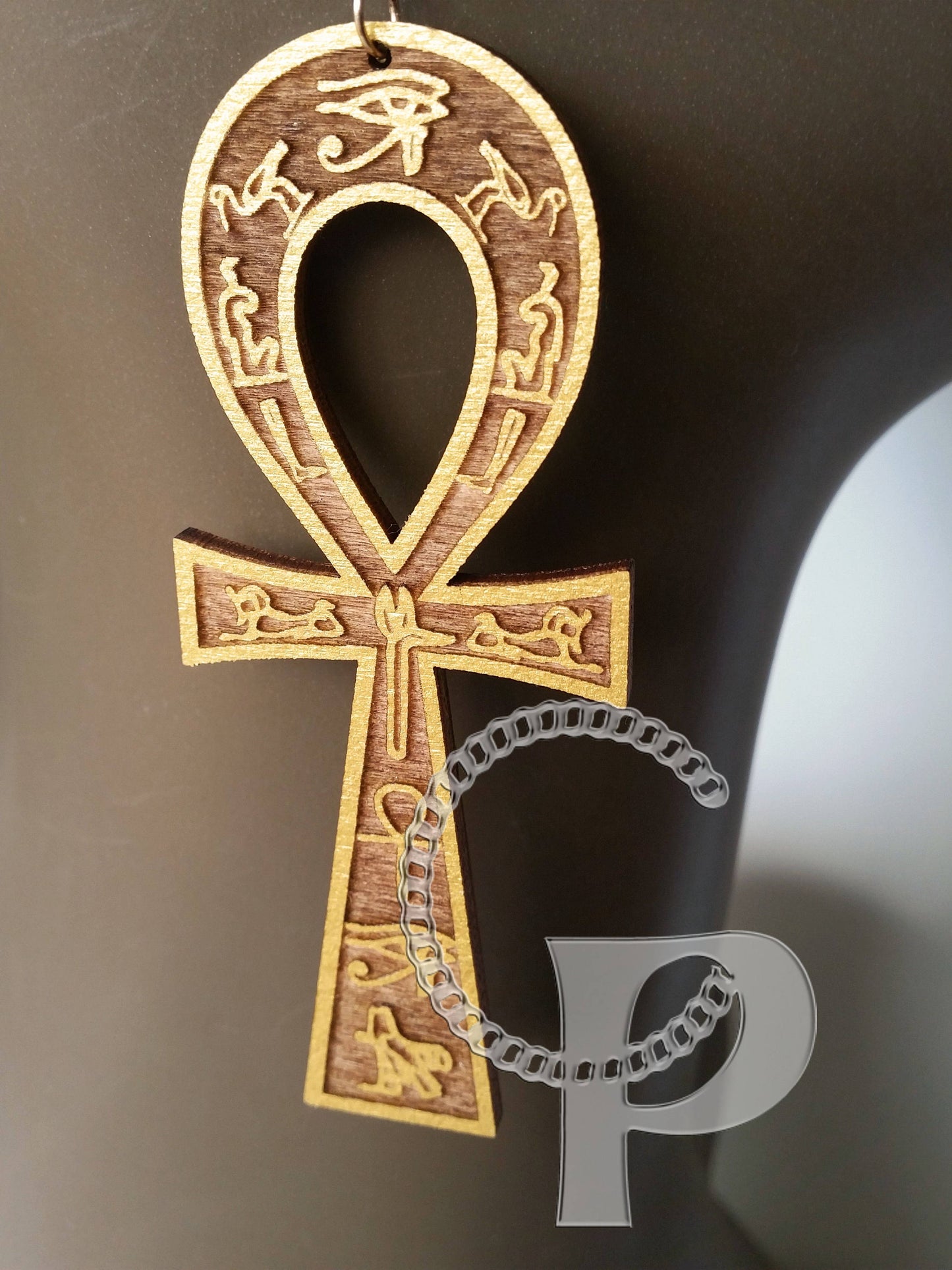 Ankh wooden earrings with hieroglyphs engravings gold and natural wood Egyptian cross