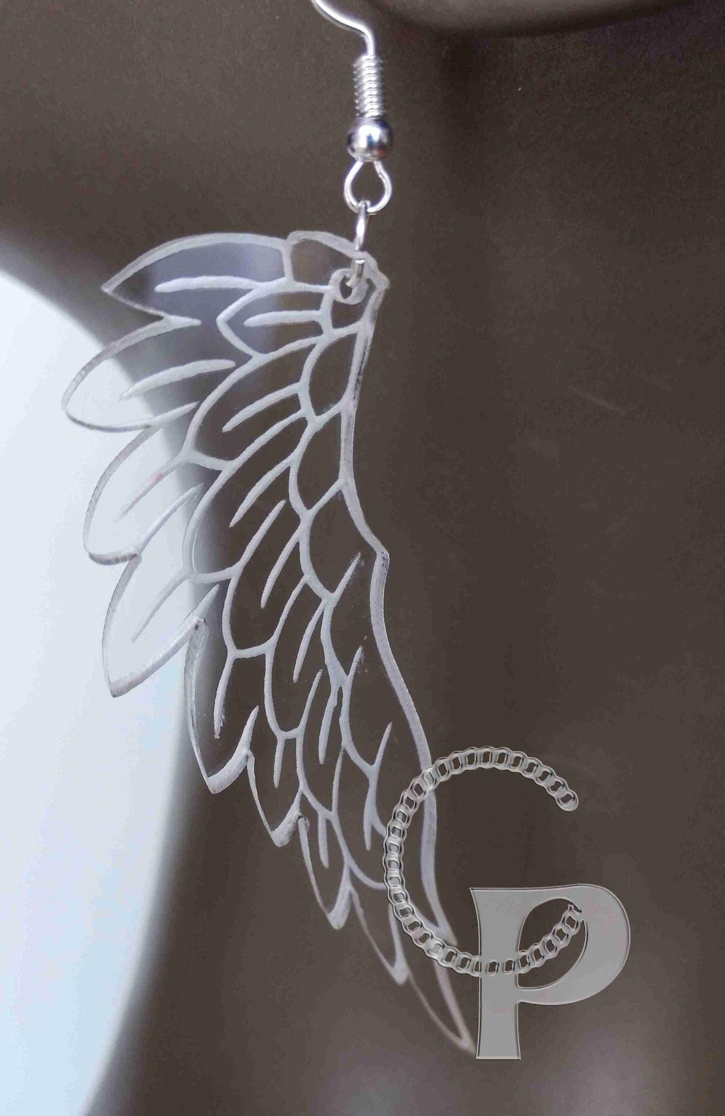 Laser cut and engraved clear acrylic earrings glass look Angel wings transparent