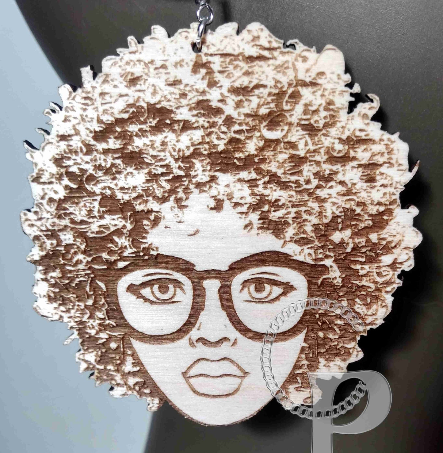Lagre natural wooden laser cut and engraved earrings African woman Afro silhouette natural hairstyle glasses