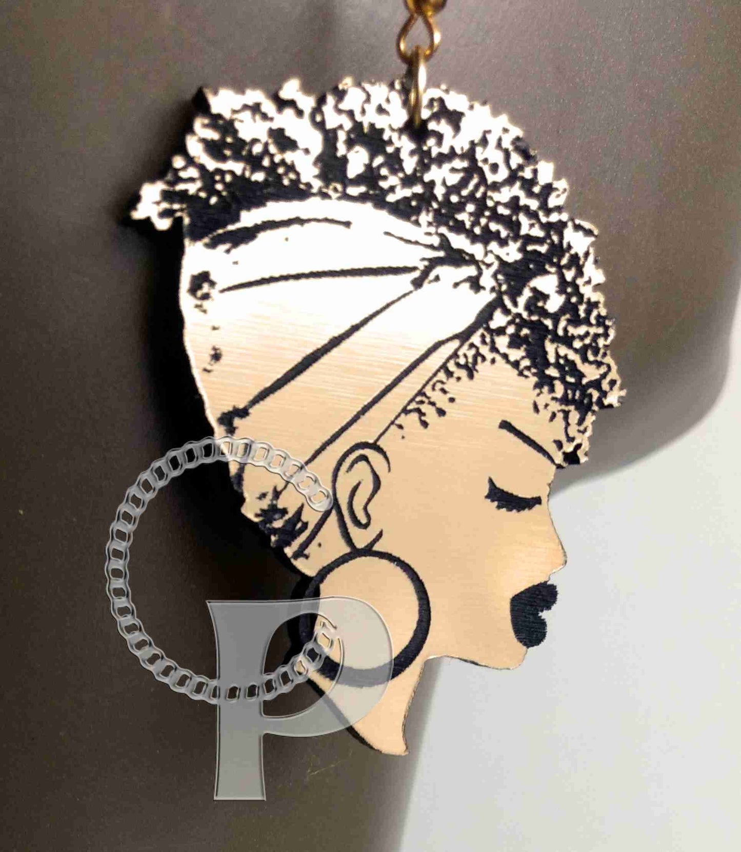 Limited edition African woman head wrap silhouette earrings metallic look gold and black