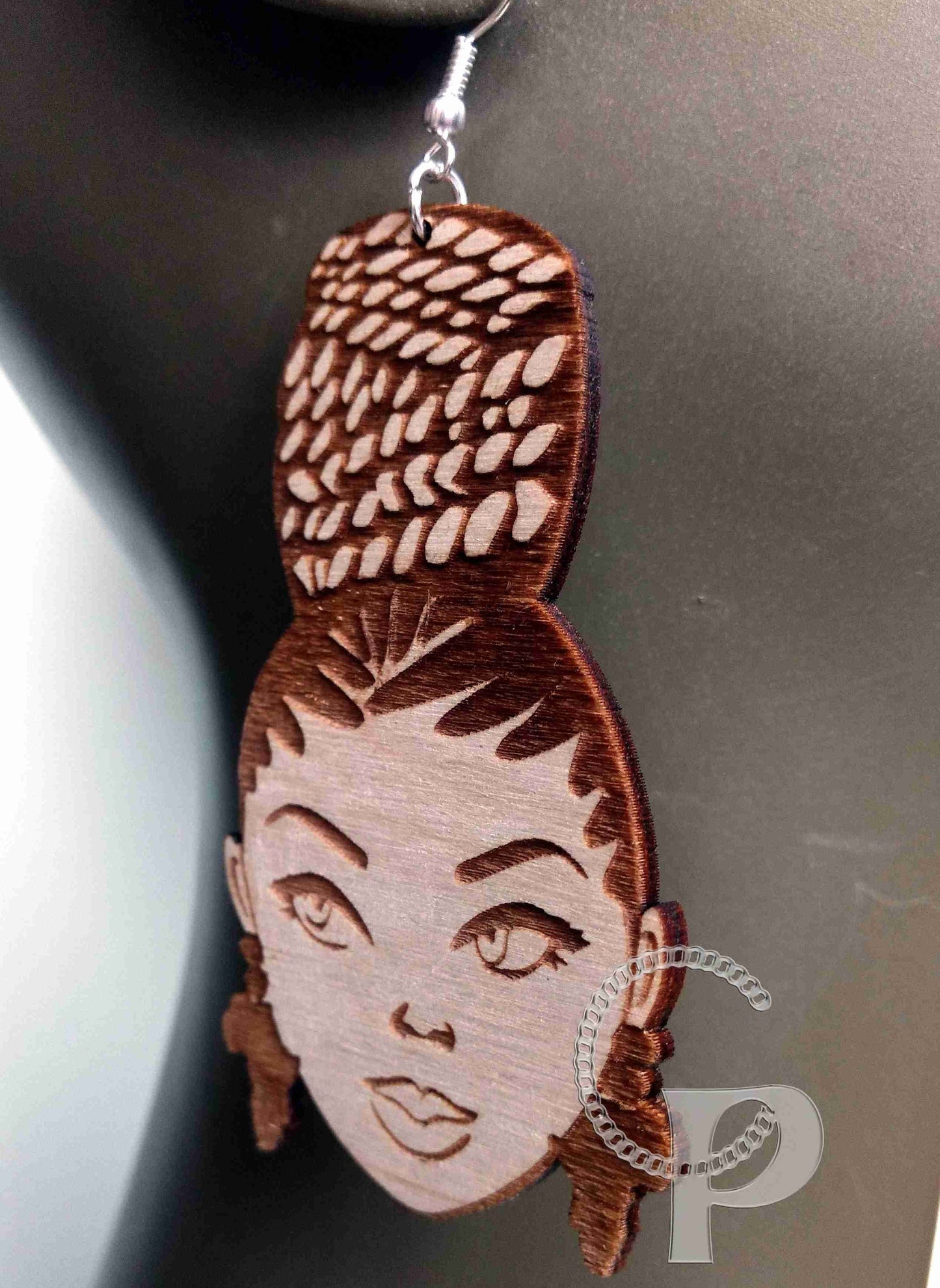 Lagre natural wooden laser cut and engraved earrings African woman Afro silhouette braided bun updo