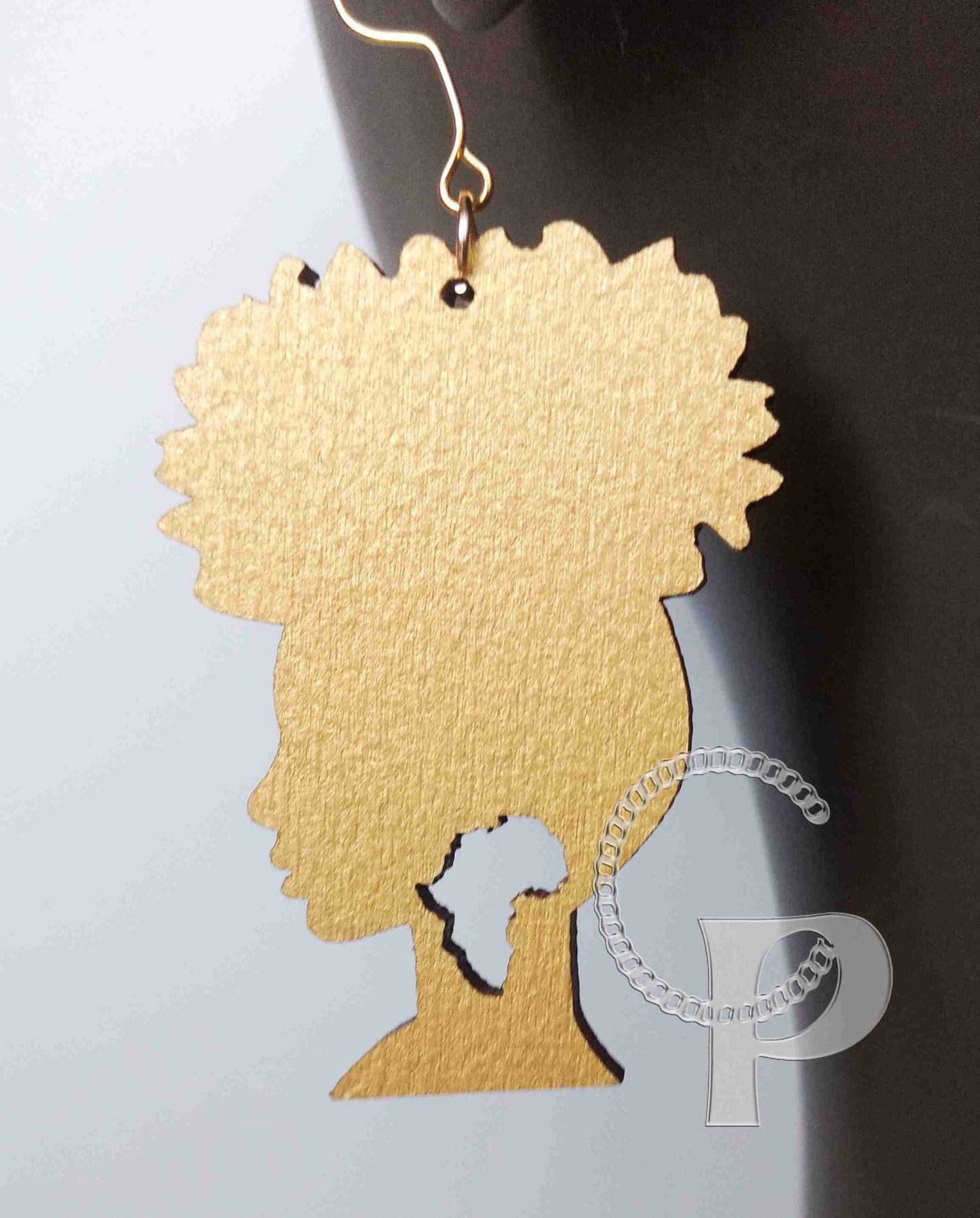 Laser cut wooden earrings Afro hair girl Africa colours gold silver red black blue white turquoise