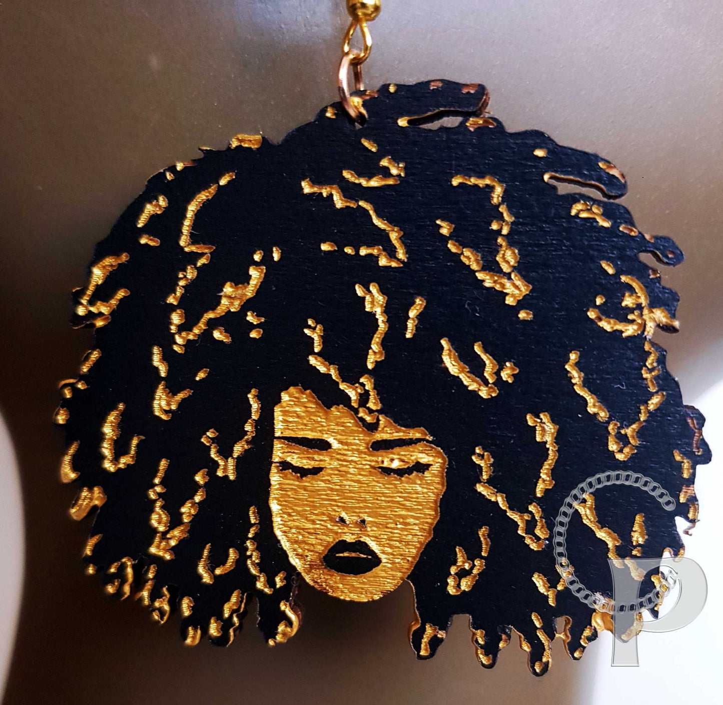 African woman Afro silhouette wooden engraved natural hair earrings black and gold
