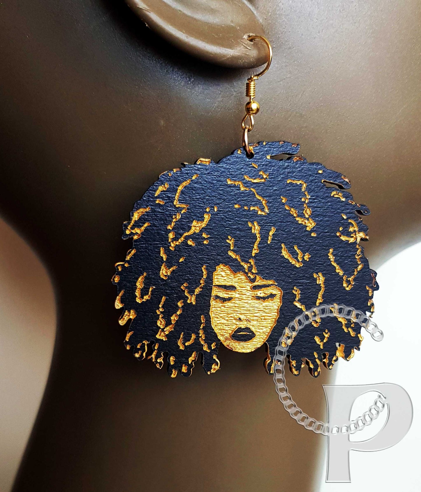 African woman Afro silhouette wooden engraved natural hair earrings black and gold
