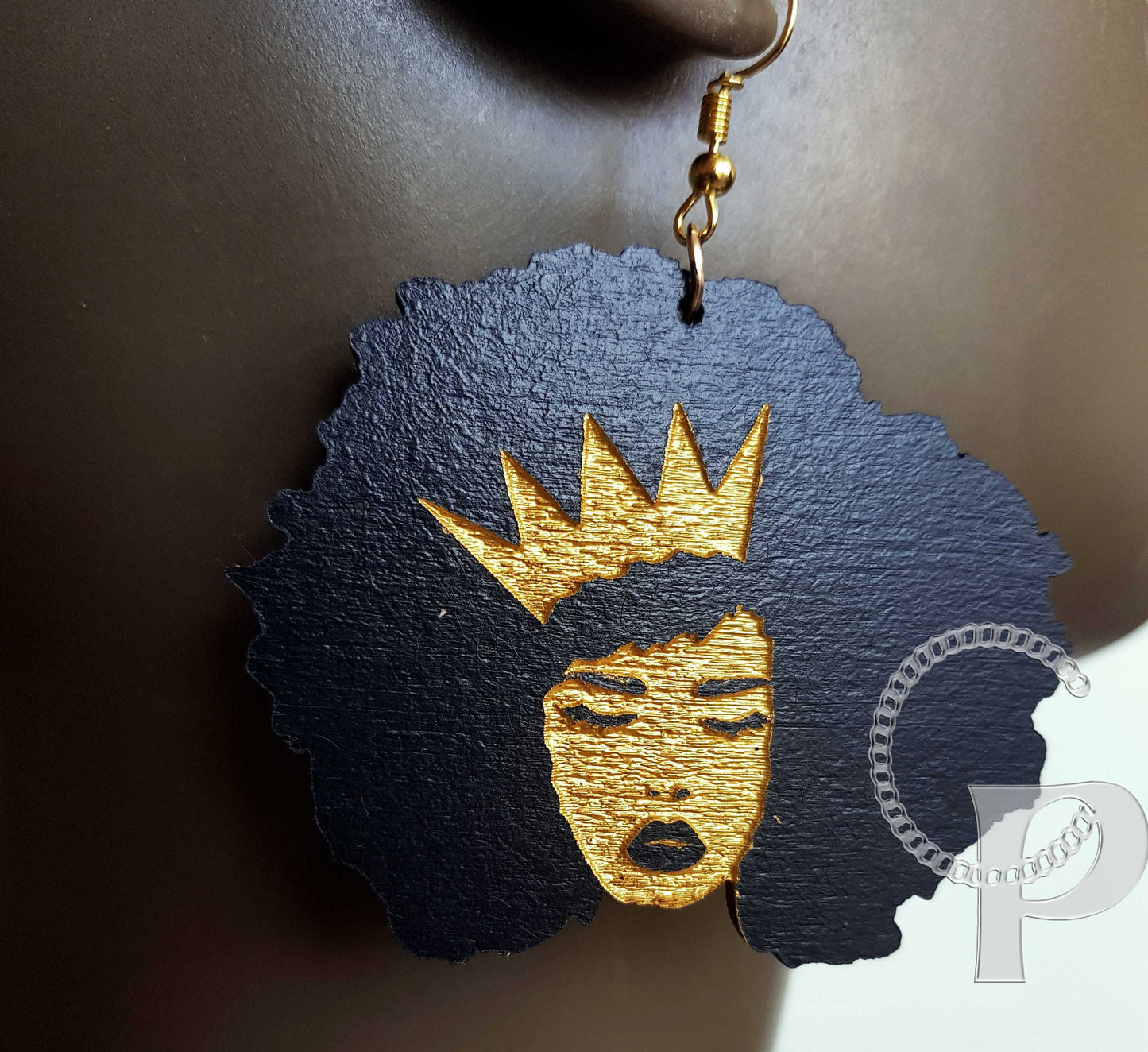African woman Afro Queen silhouette wooden engraved natural hair earrings black and gold crown