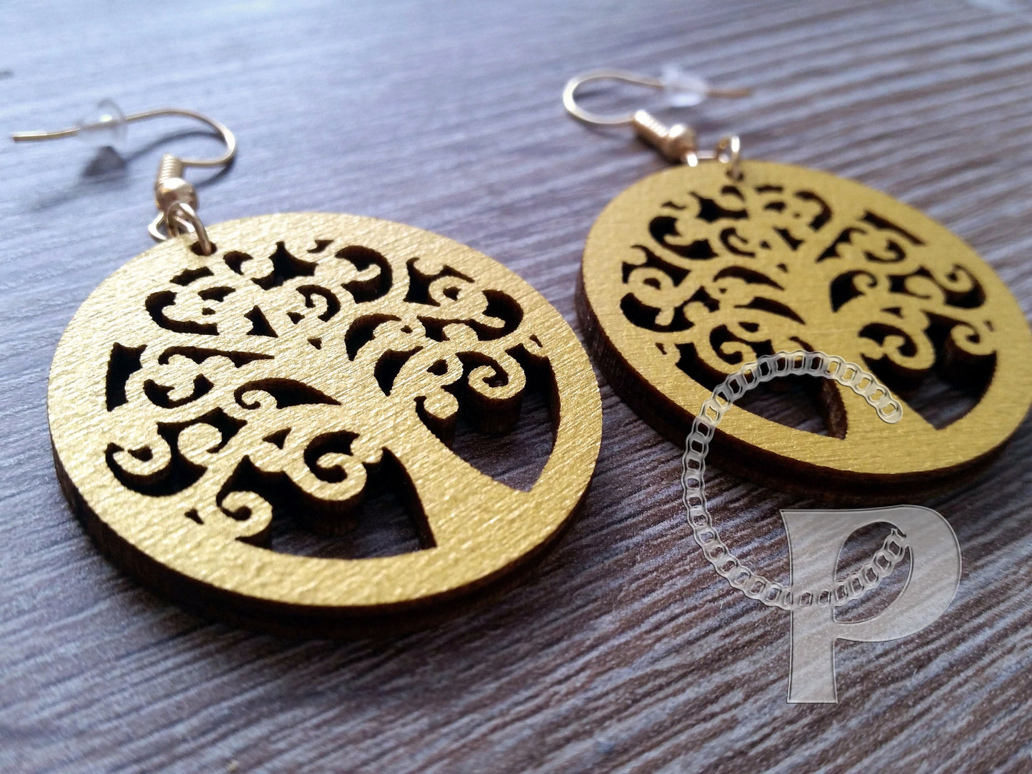 Tree of life natural wooden earrings large sizes gold silver red black blue
