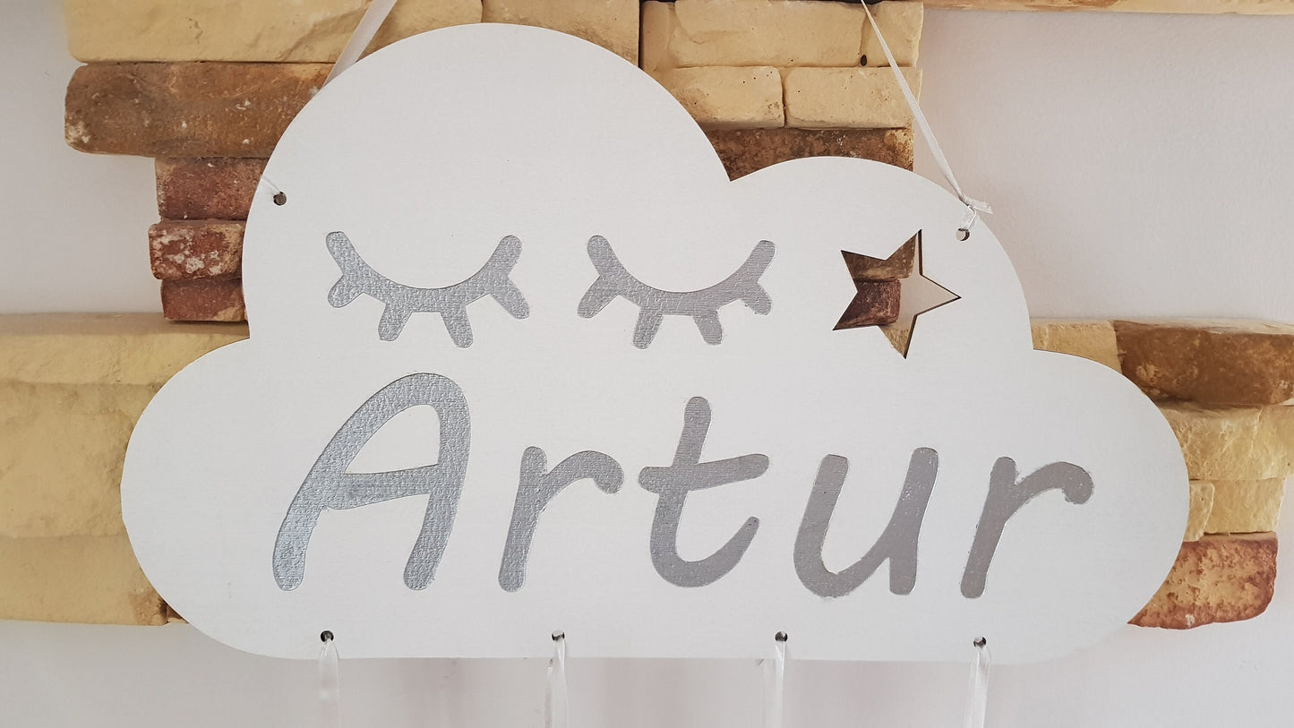 Personalized wooden sign kids bedroom child name wall hanging laser cut cloud with teardrops date weight baby stats nursery ornament