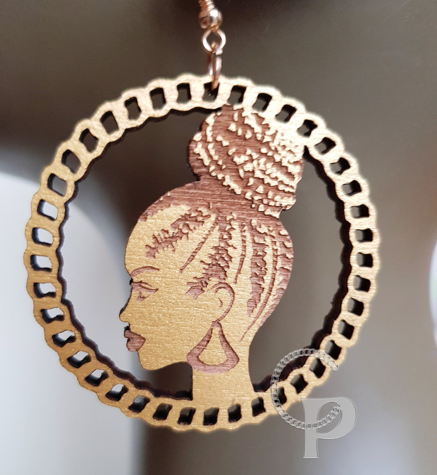 African woman Afro silhouette wooden engraved natural hair earrings gold wood earrings