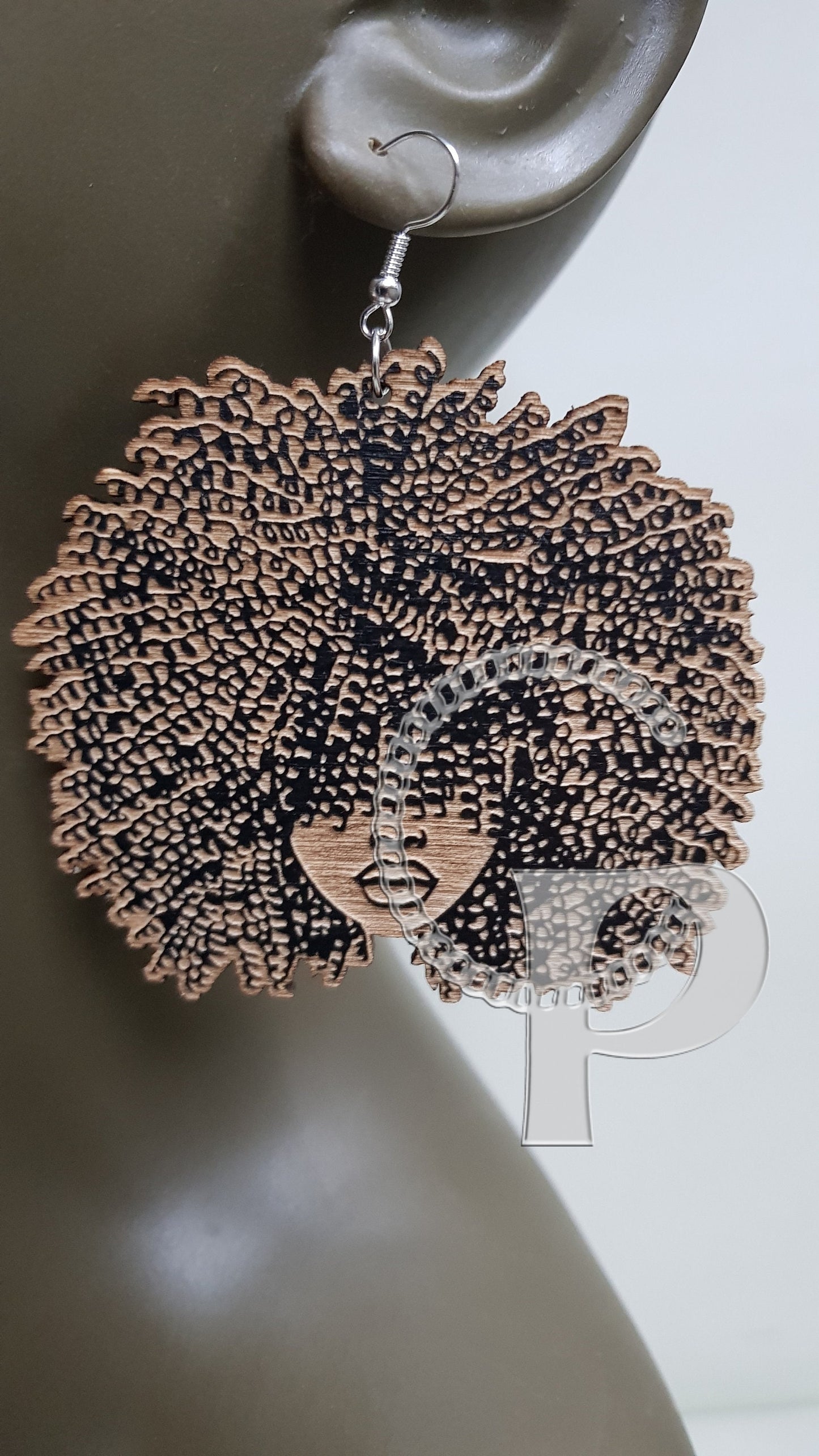 African woman Afro silhouette wooden engraved natural hair coils bangs earrings black