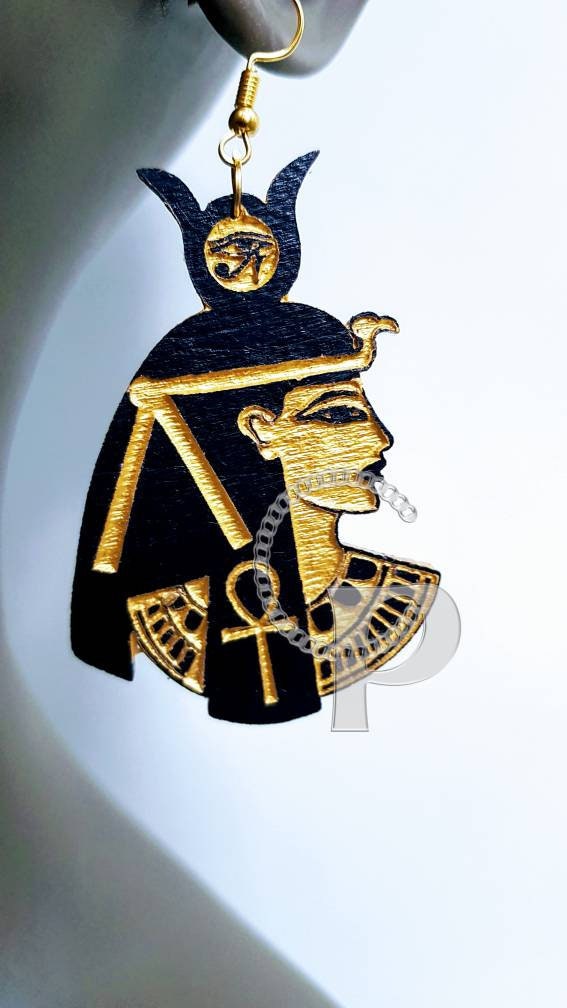 Egyptian Goddess Isis silhouette wooden engraved earrings black and gold