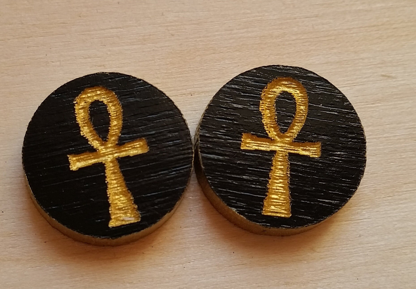 Small wooden stud earrings etched Africa, Duafe, GyeNyame, Ankh black and gold, wood studs