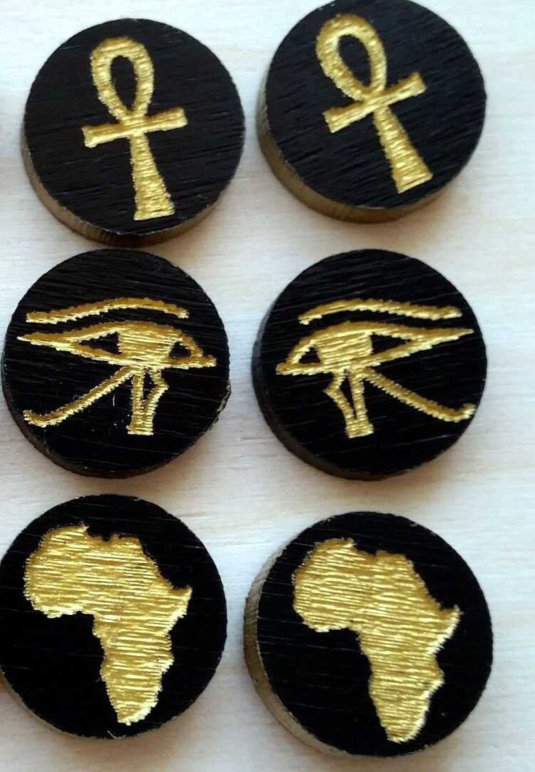 Small wooden stud earrings etched Africa, Duafe, GyeNyame, Ankh black and gold, wood studs