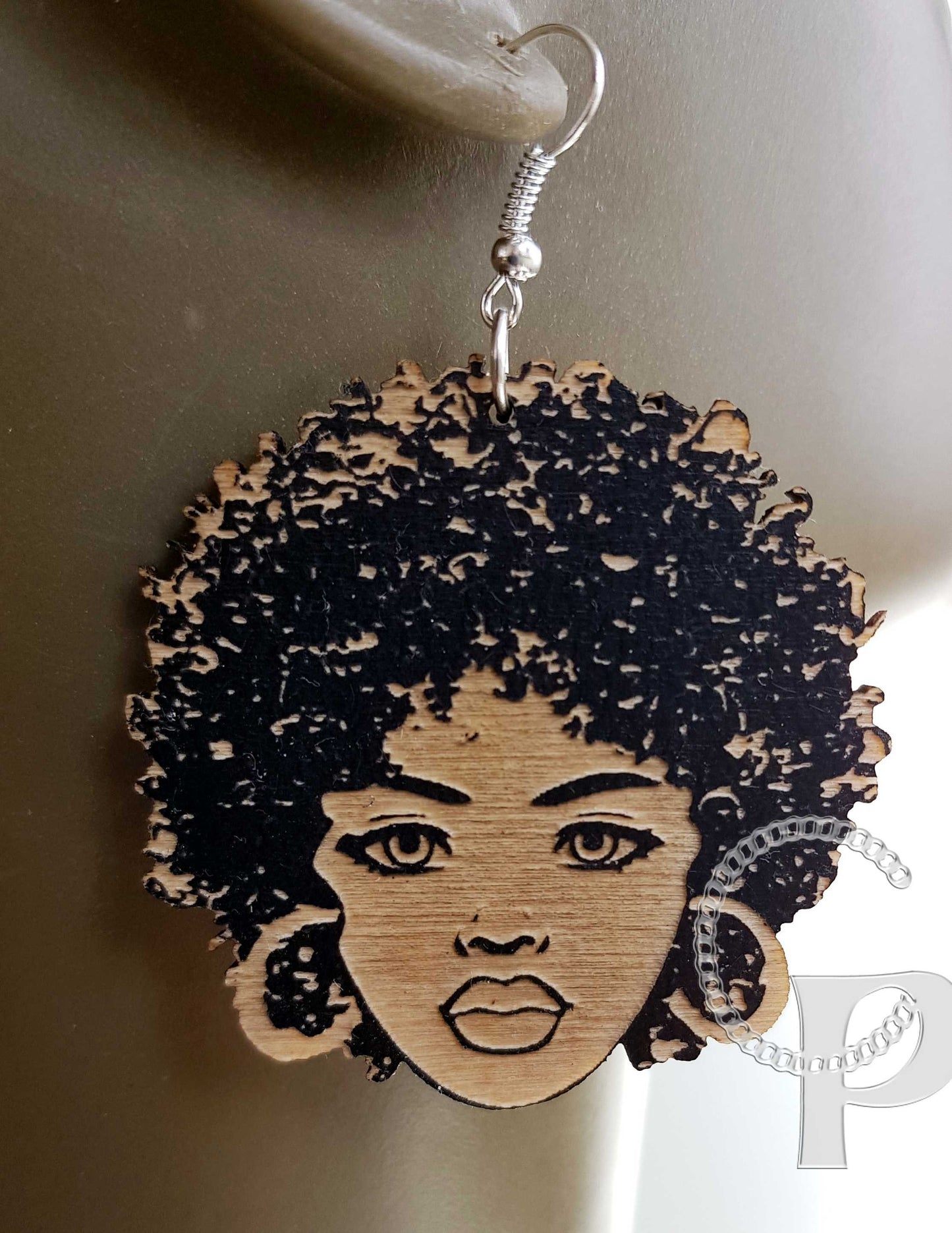 African woman Afro silhouette wooden engraved natural hair earrings black