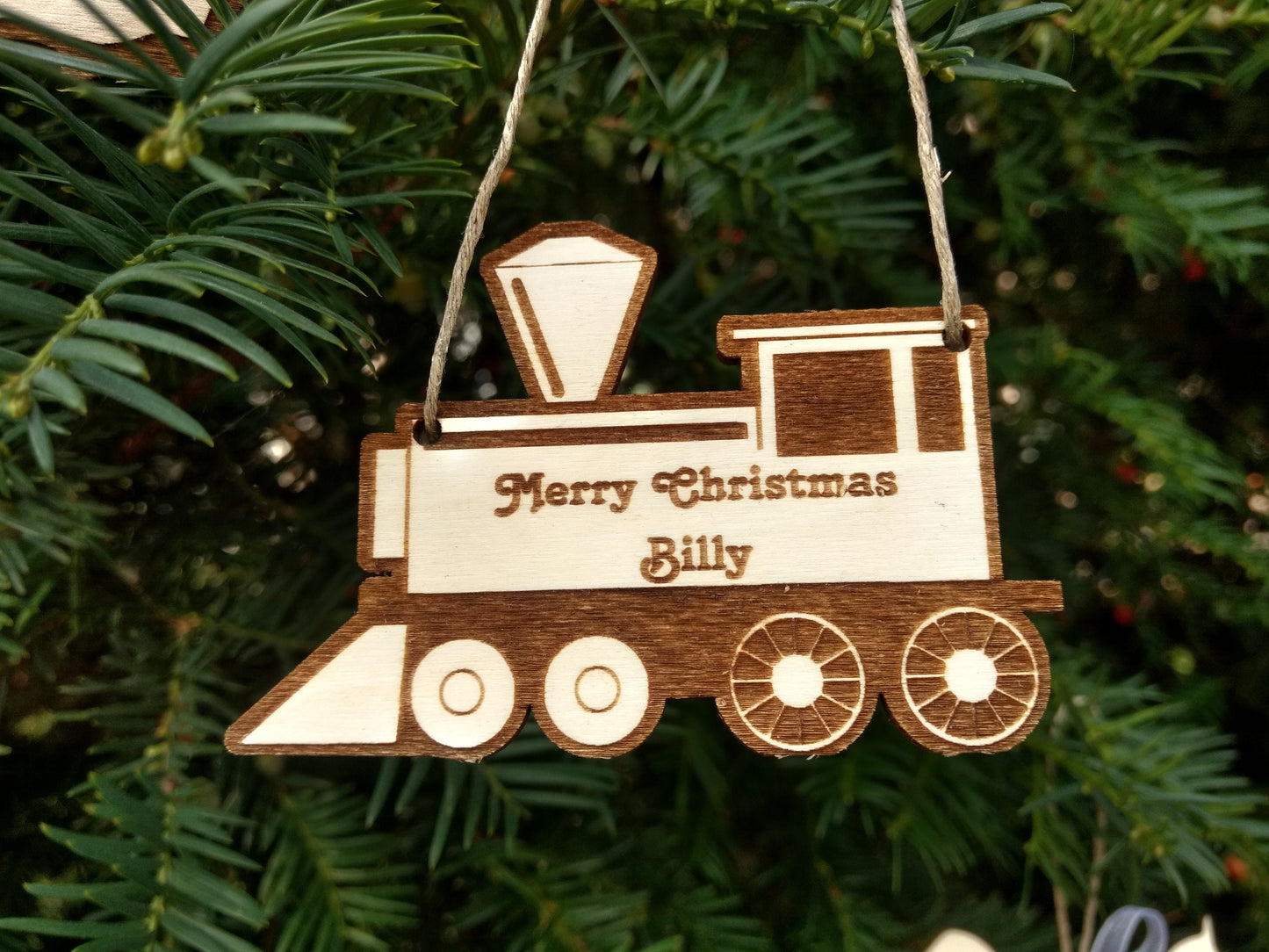 Personalized name bauble wood ornament first Christmas tree eco decorations Xmas any message text wooden natural tree kids name