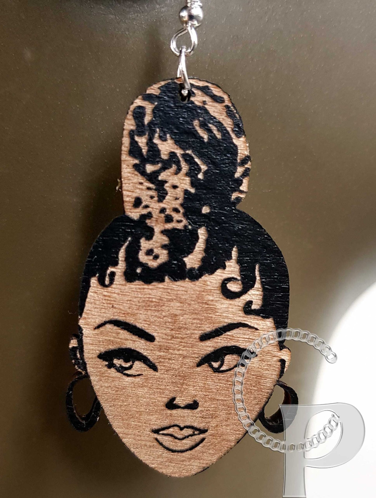 African woman Afro silhouette wooden engraved natural hair updo earrings black