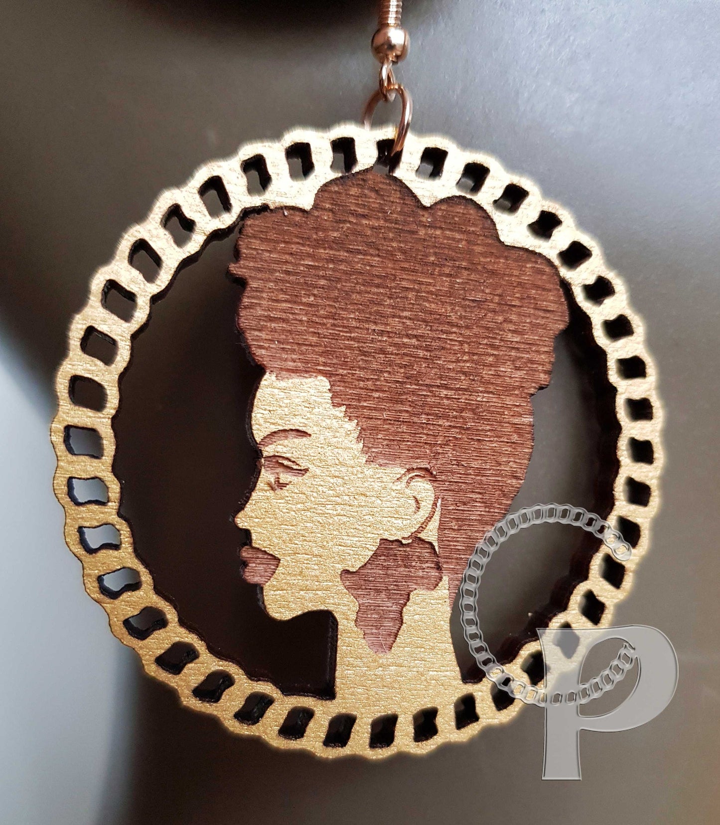 African woman Afro silhouette wooden engraved natural hair updo earrings gold wood earrings