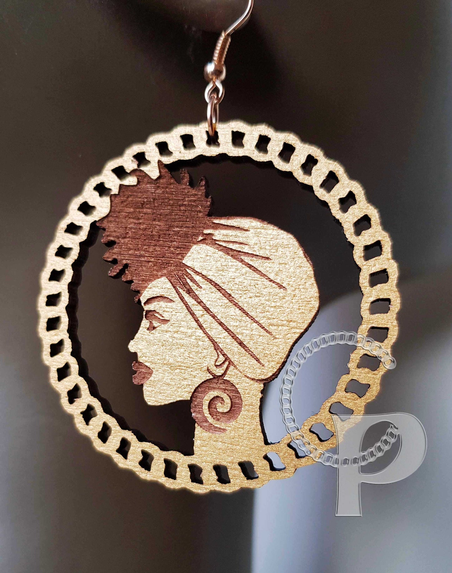 African woman Afro silhouette wooden engraved natural hair headwrap updo earrings gold wood earrings
