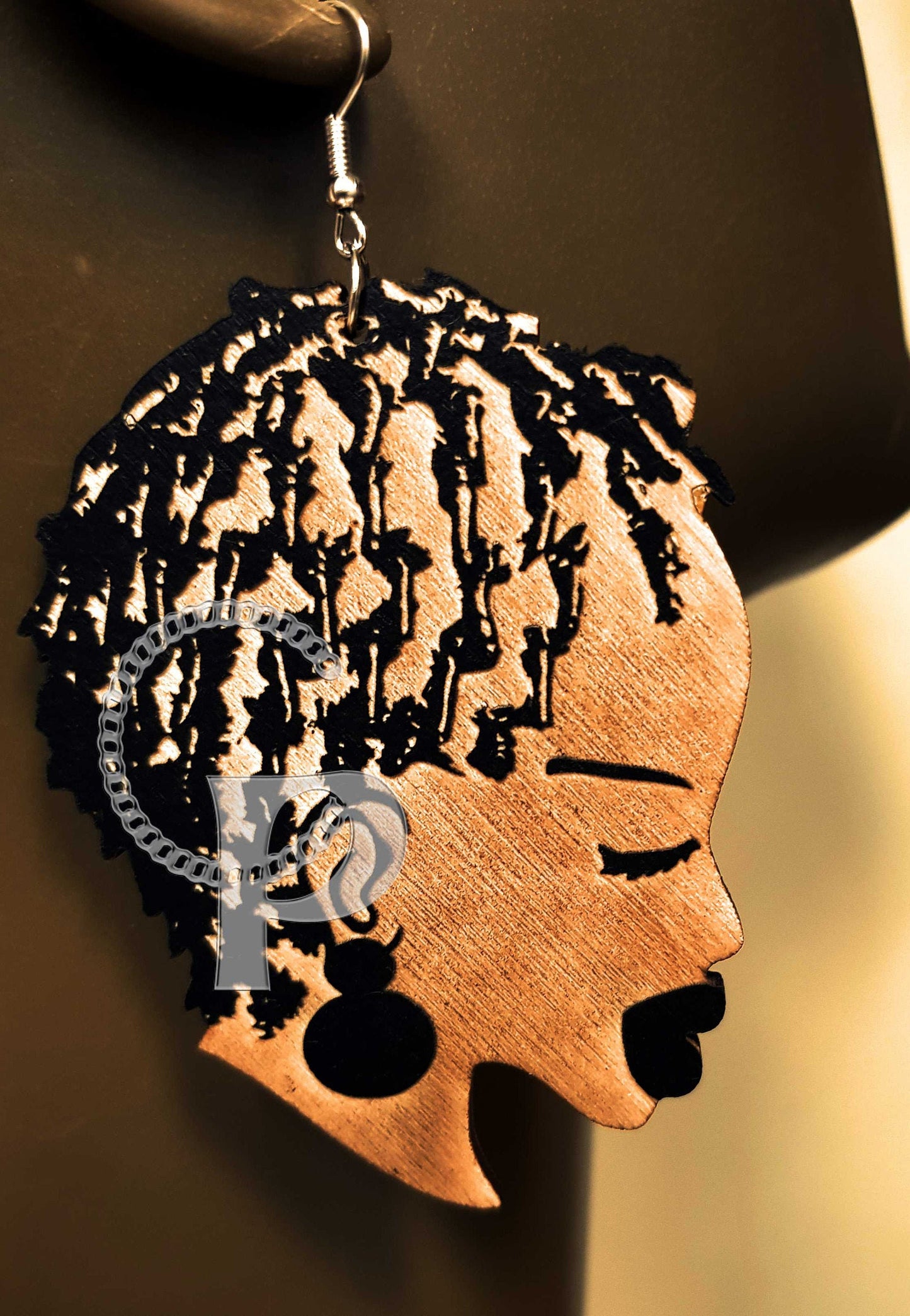 African woman Afro silhouette wooden engraved natural hair short box braids earrings black