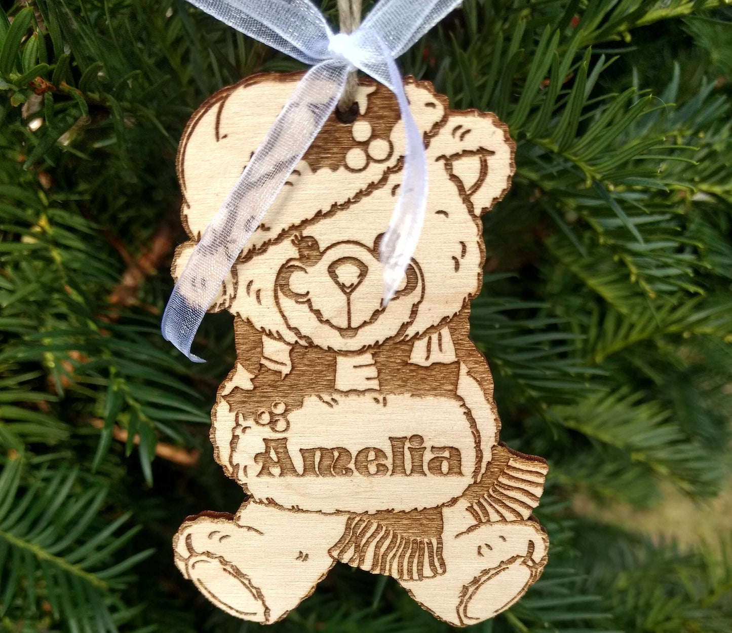 Personalized name bauble wood ornament first Christmas tree eco decorations Xmas any message text wooden natural tree kids name