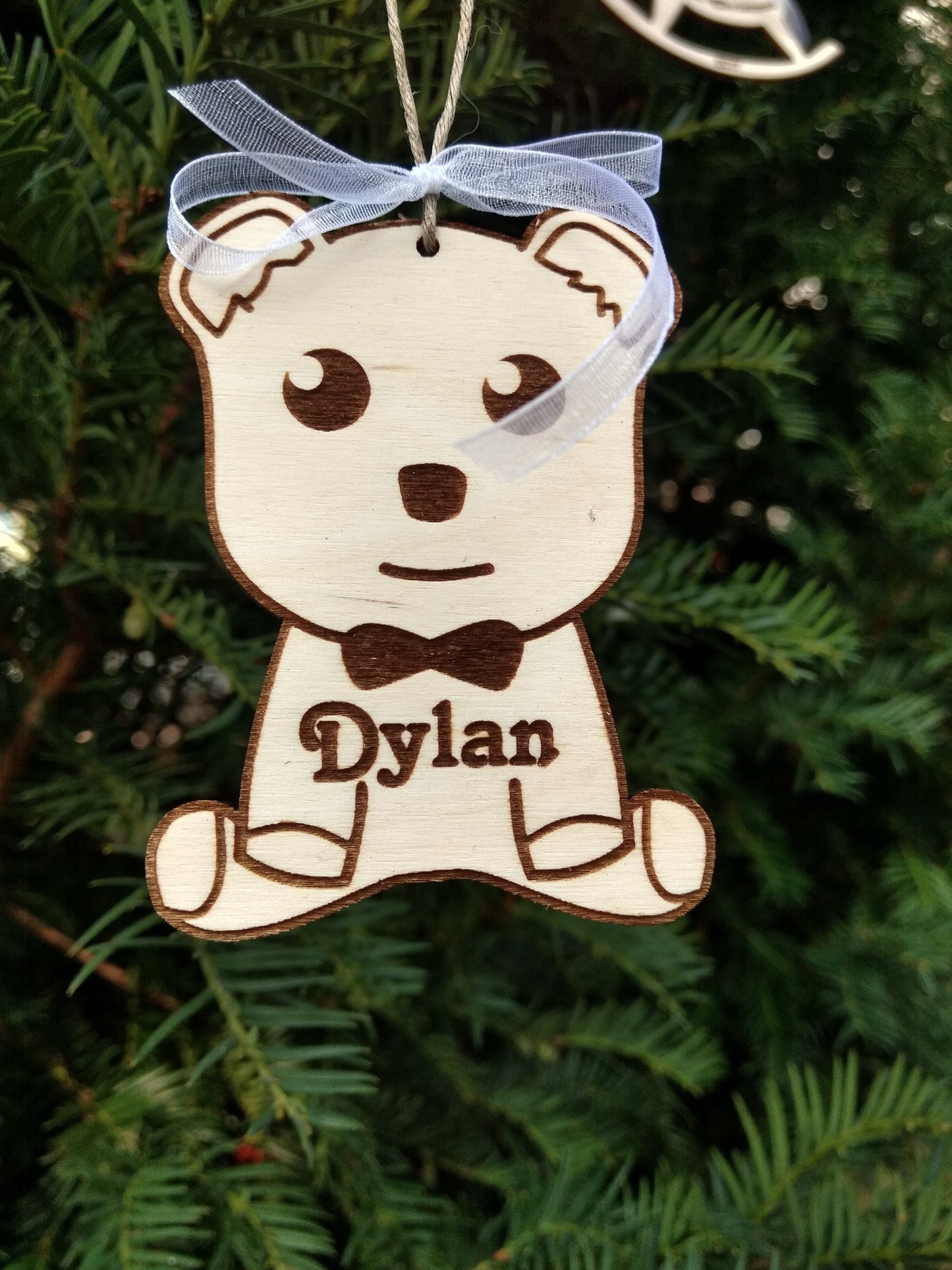 Personalized name bauble wood ornament first Christmas tree eco decorations Xmas any message text wooden natural tree kids name