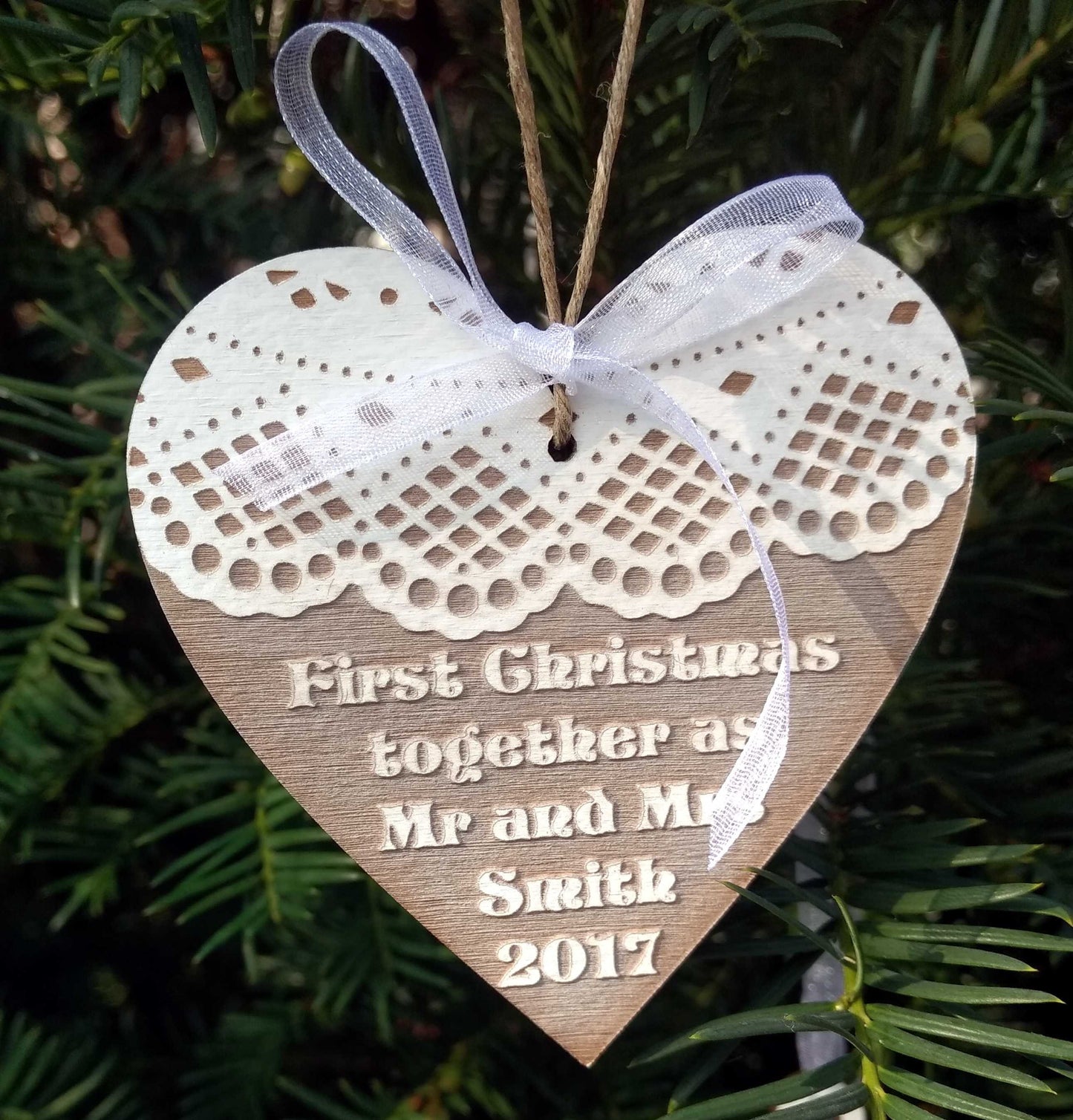 Personalized name bauble wooden heart shape first Christmas tree ornament decorations Xmas any message text wooden natural tree decortions