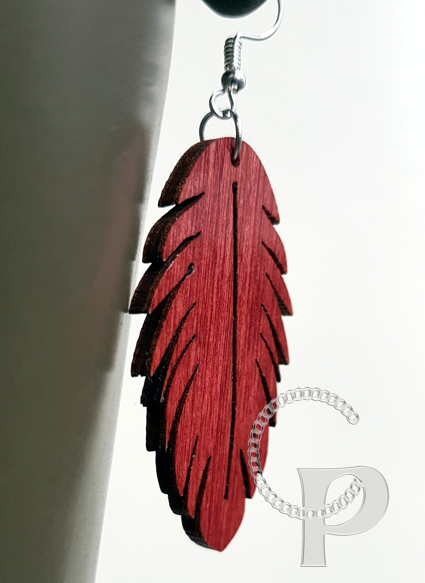 Laser cut wooden earrings feather shape in Indian rosewood or mahogany