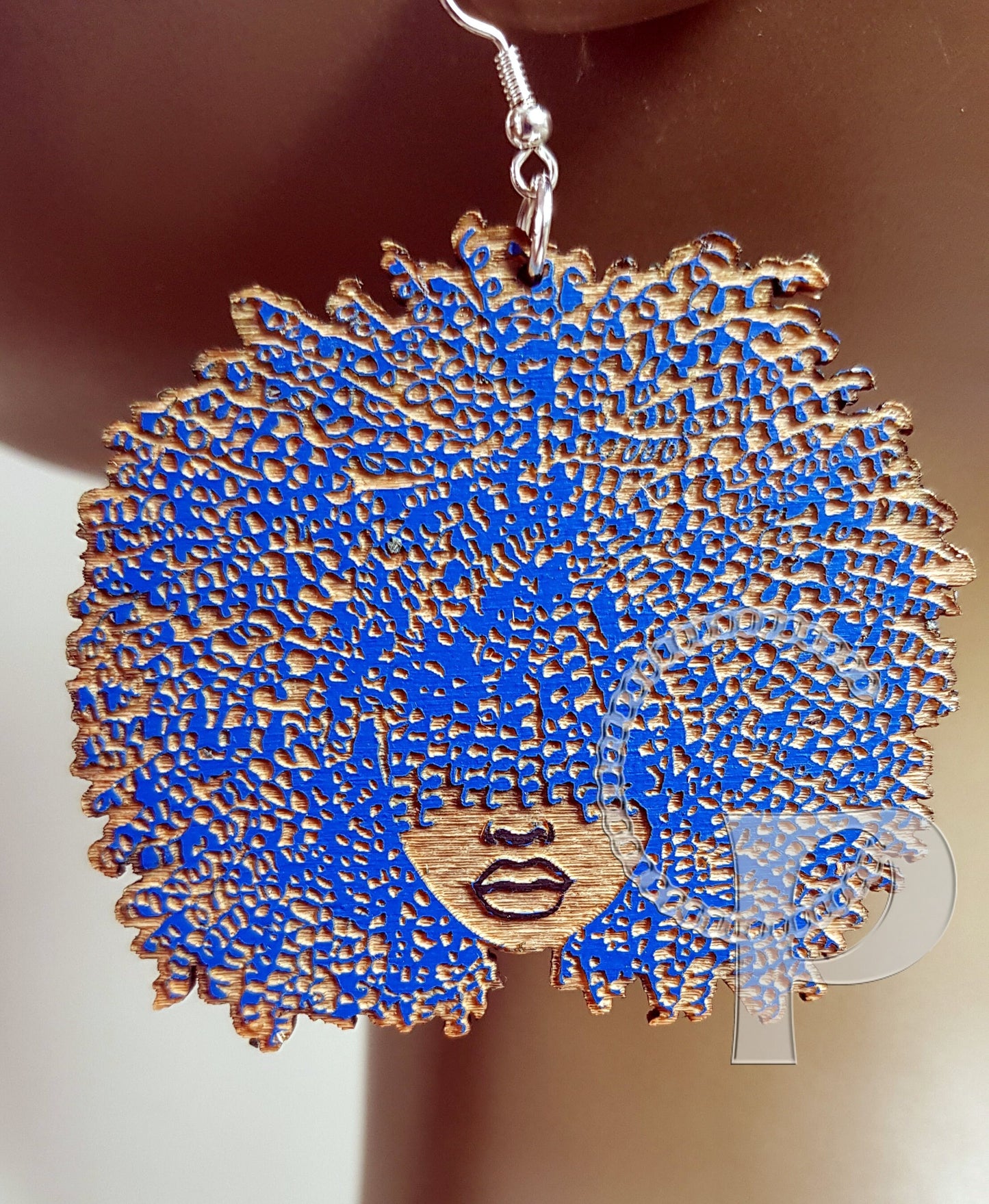African woman Afro silhouette wooden engraved natural hair coils bangs earrings colored afro brown blue pink red blonde gray purple afro