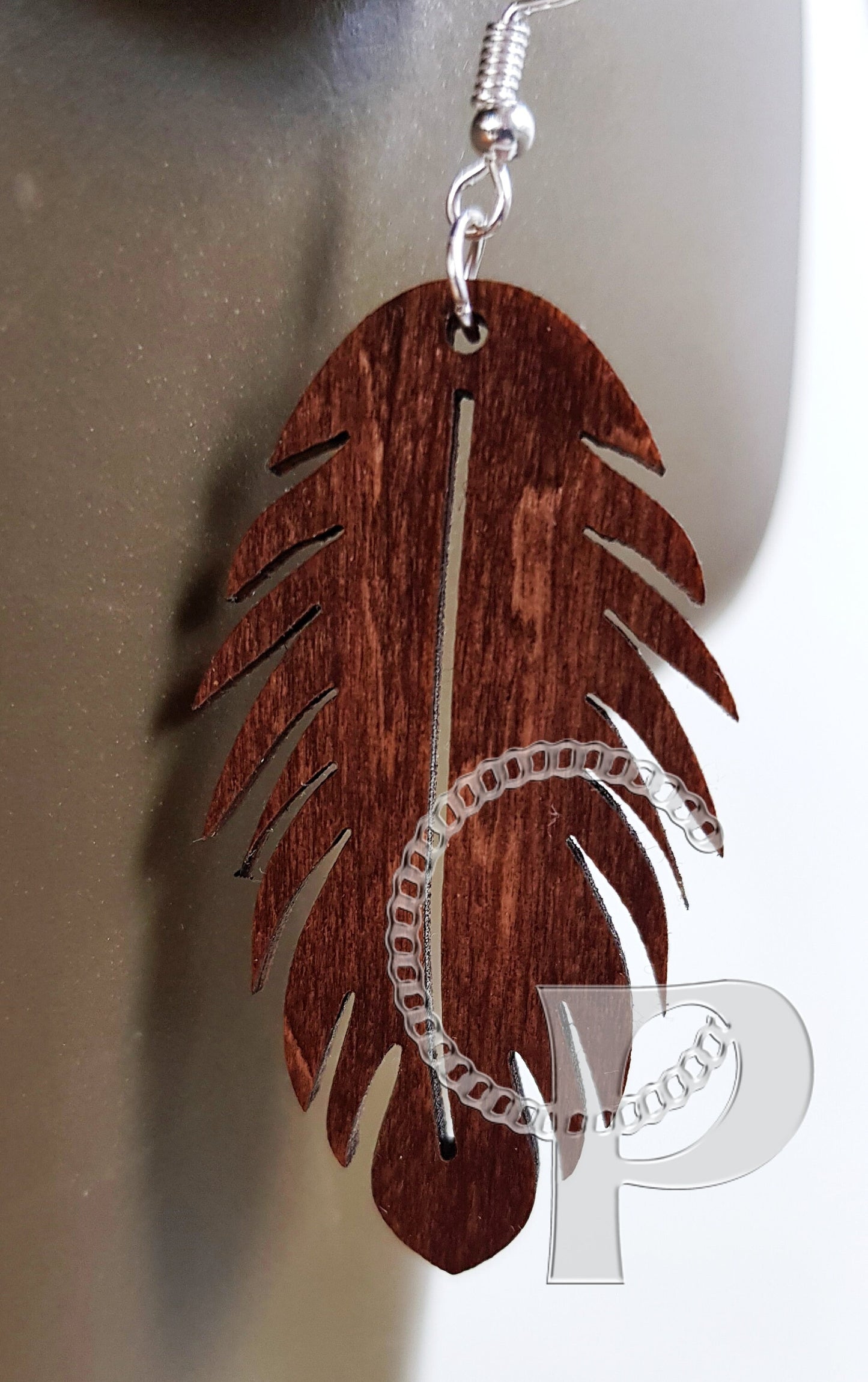 Laser cut wooden earrings feather shape in Indian rosewood or mahogany
