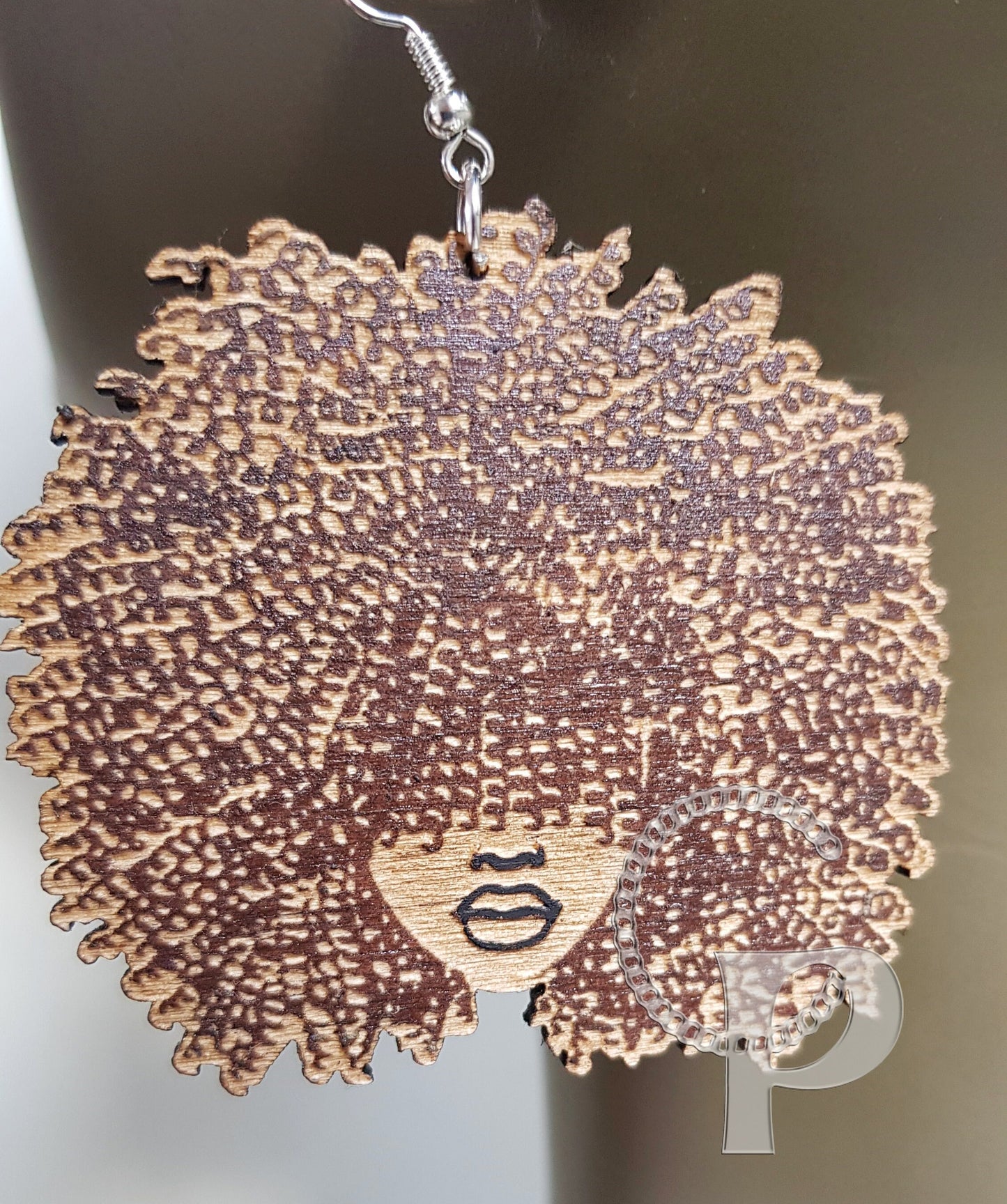 African woman Afro silhouette wooden engraved natural hair coils bangs earrings colored afro brown blue pink red blonde gray purple afro
