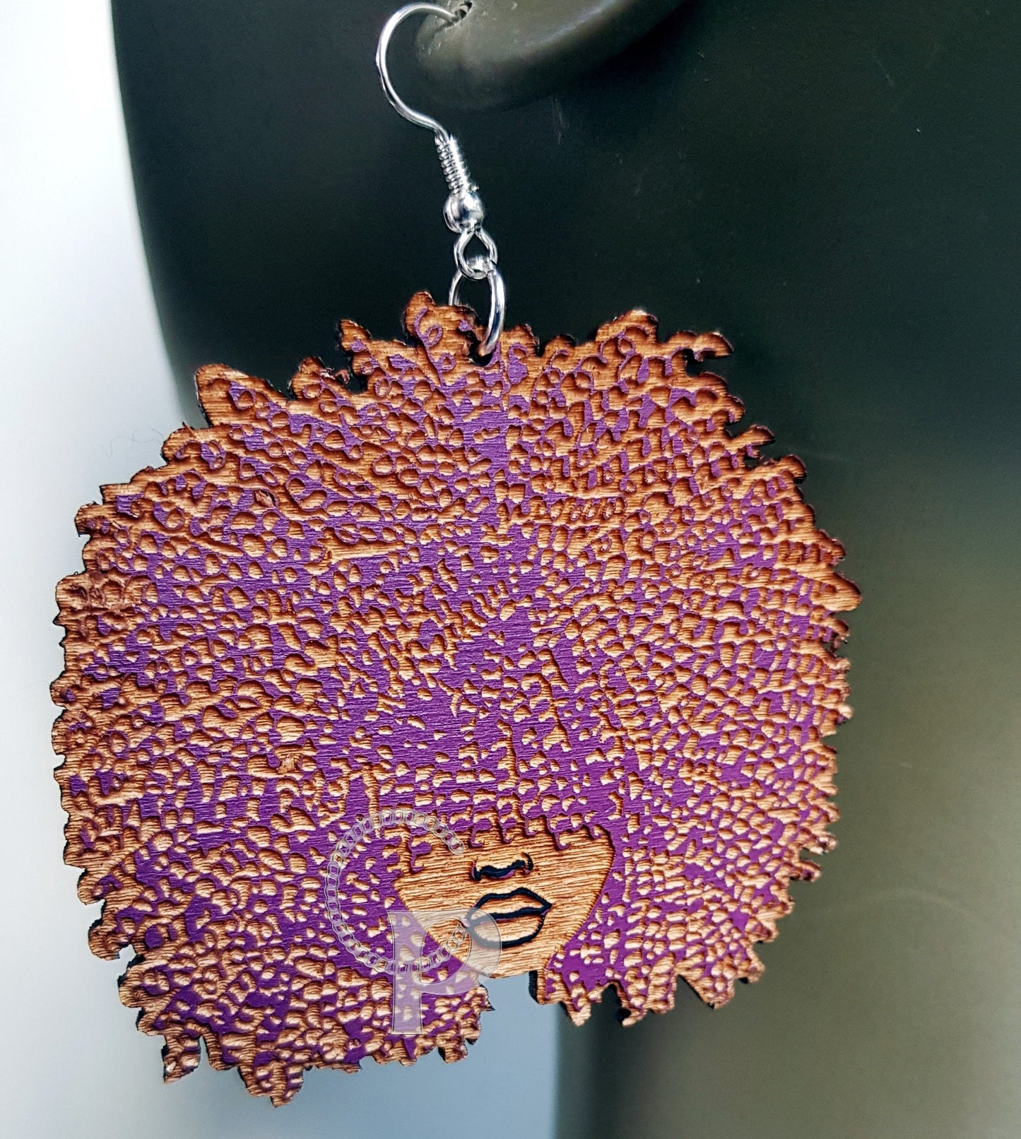 African woman Afro silhouette wooden engraved natural hair coils bangs earrings colored afro brown blue pink red blonde gray purple afro