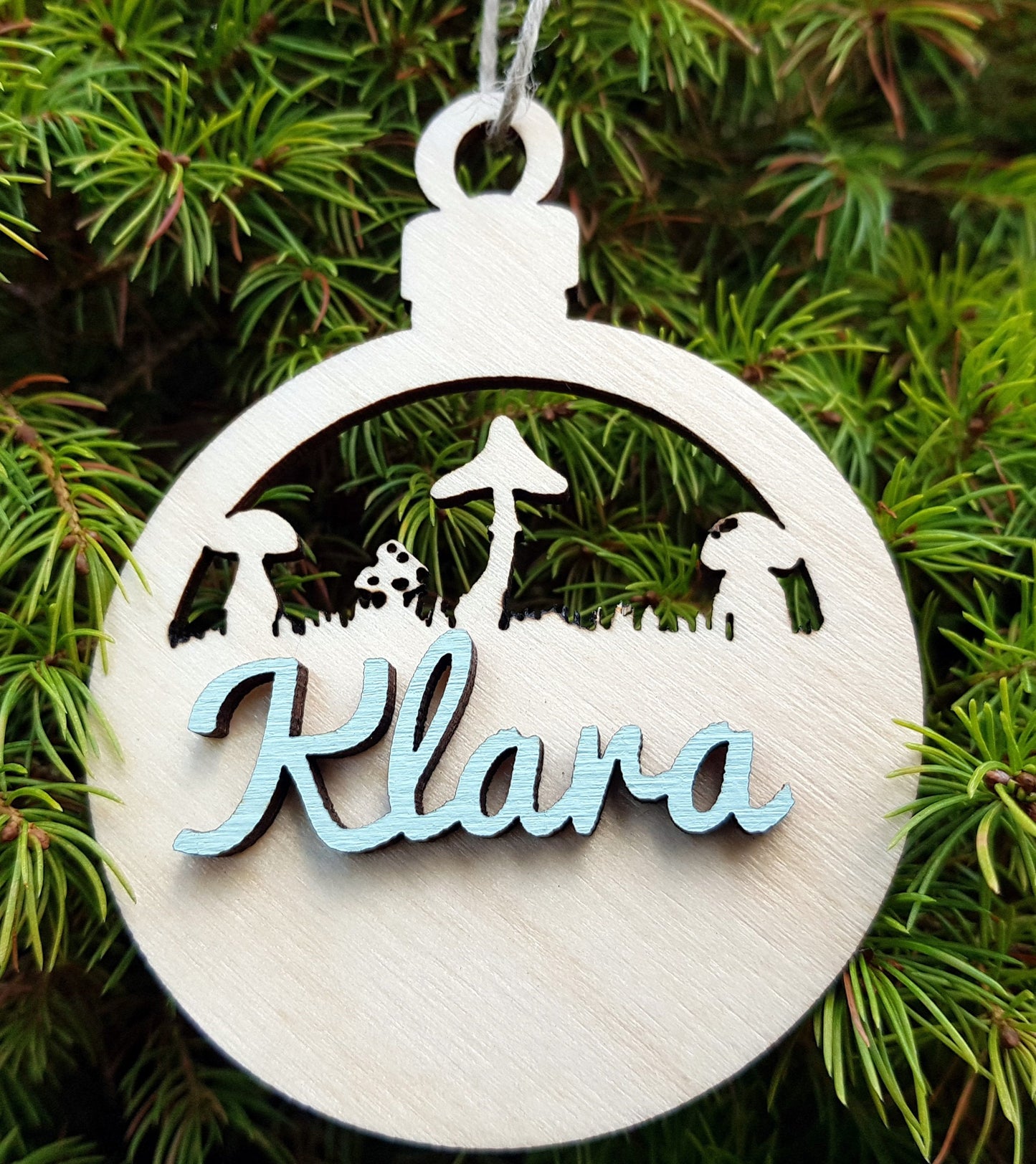 Personalized wooden bauble child name laser cut first Christmas ornament gift Mushrooms