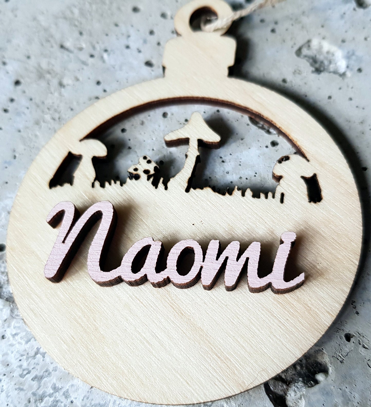 Personalized wooden bauble child name laser cut first Christmas ornament gift Mushrooms