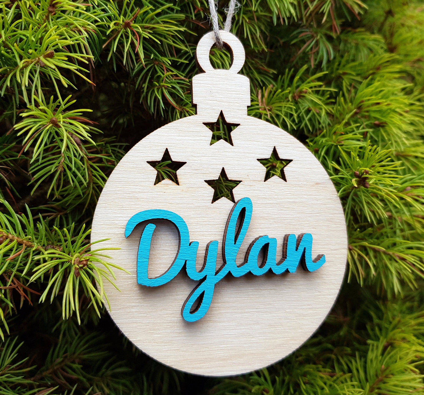 Personalized wooden bauble child name laser cut first Christmas ornament gift Stars