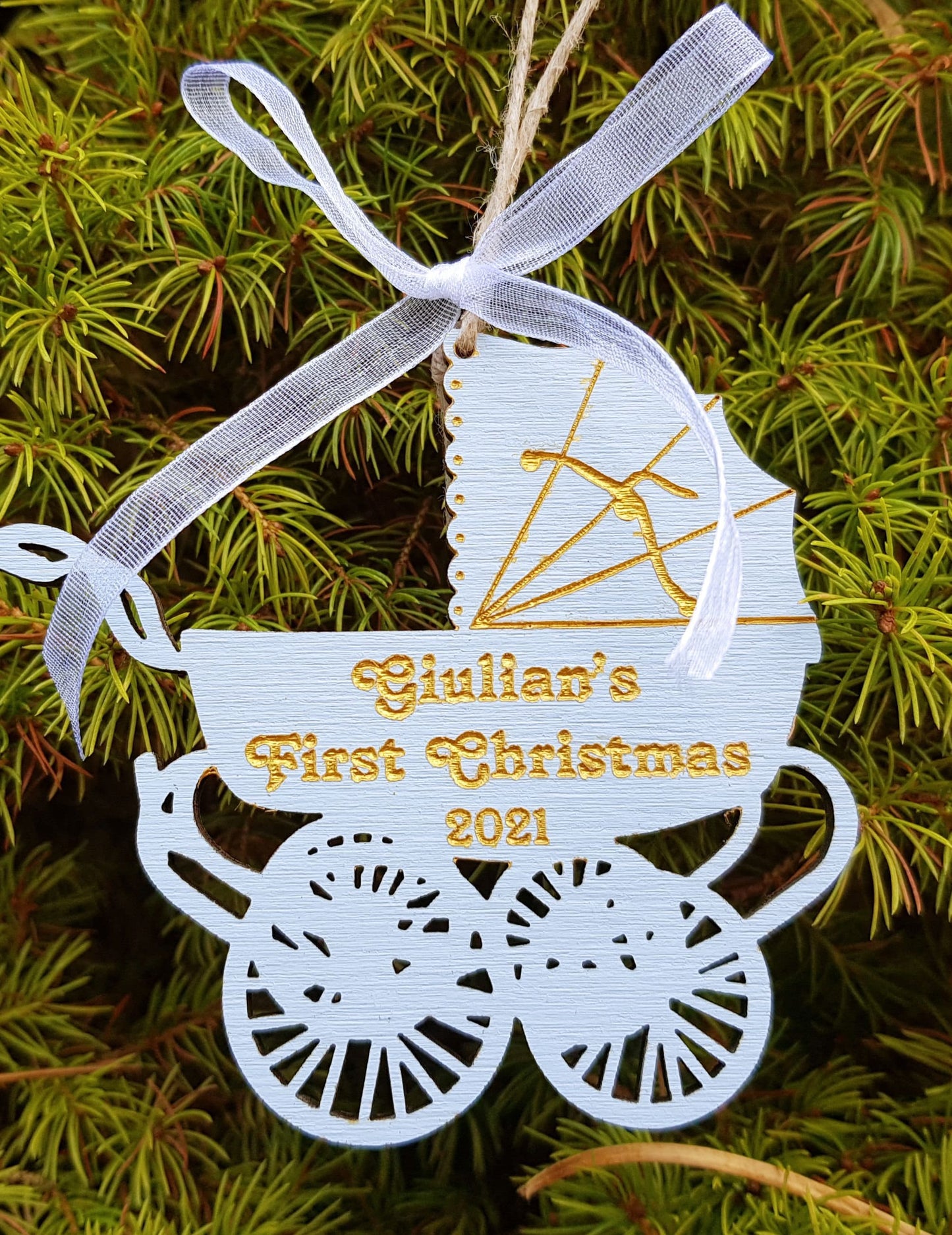 Baby's first Christmas wooden ornament personalized pram shaped decorations Xmas message text kids name