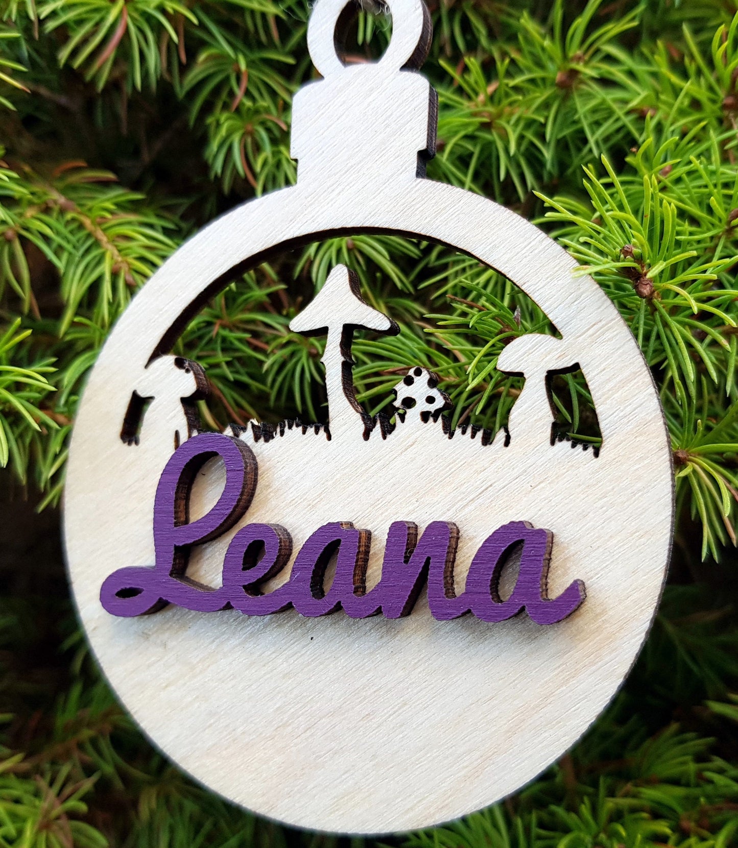 Personalized wooden bauble child name laser cut first Christmas ornament gift Mushrooms