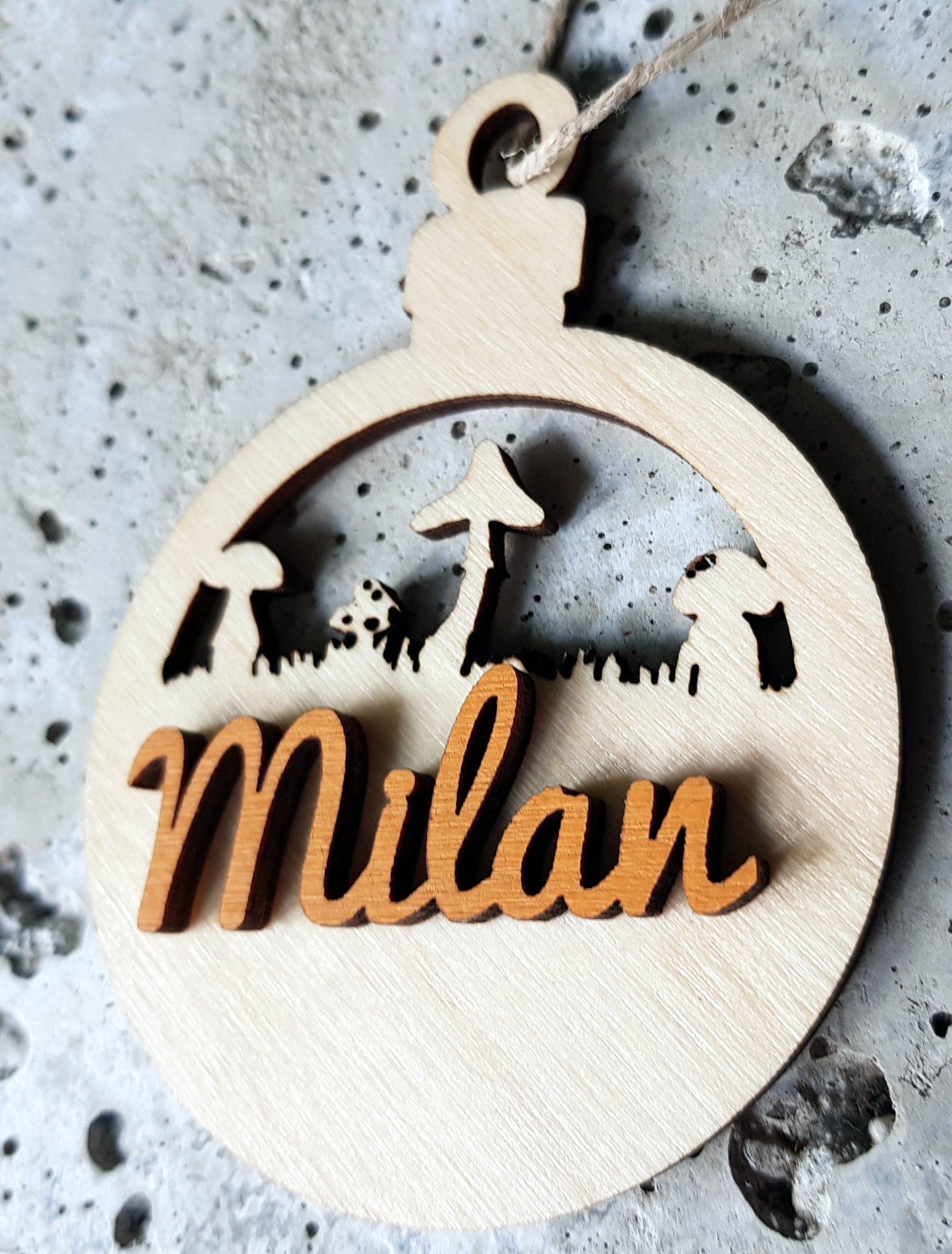 Personalized wooden bauble child name laser cut first Christmas ornament gift Mushrooms