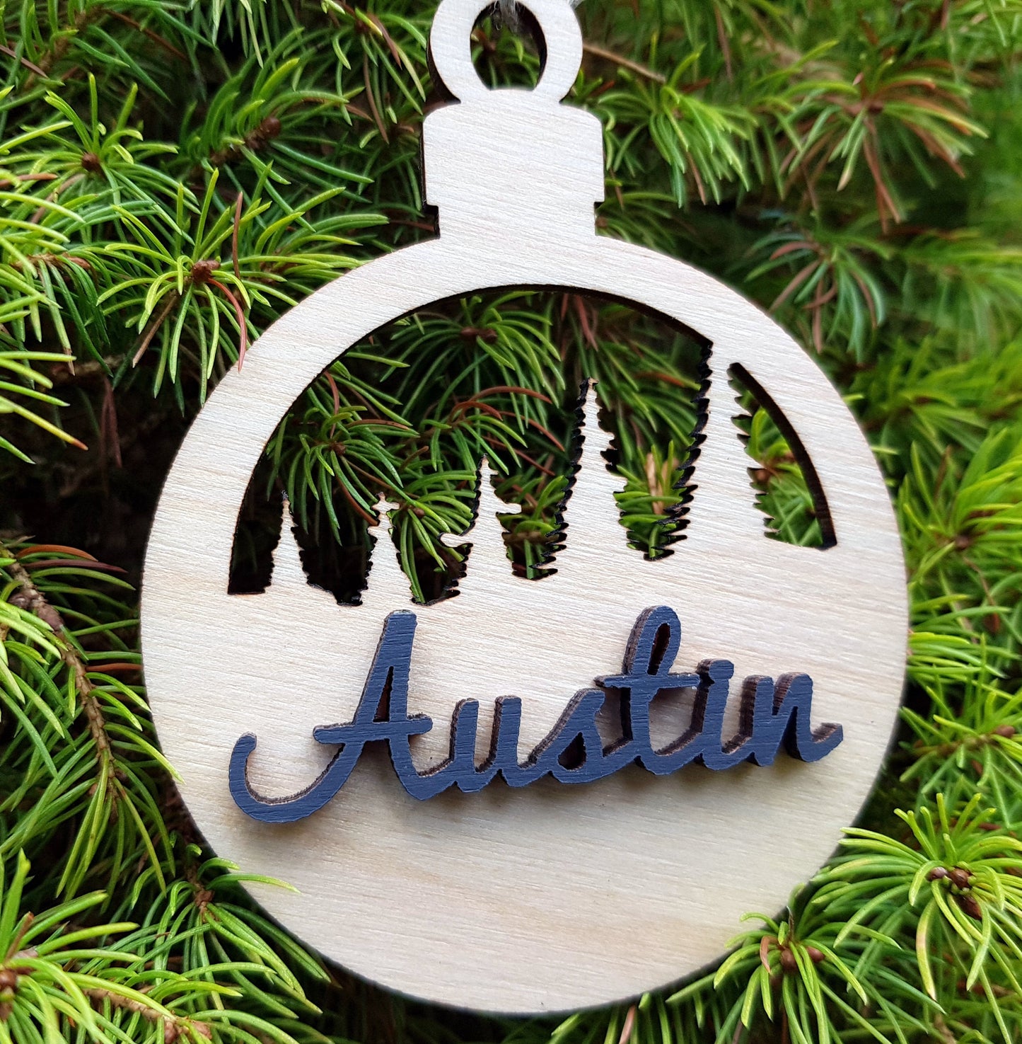 Personalized wooden bauble child name laser cut first Christmas ornament gift trees