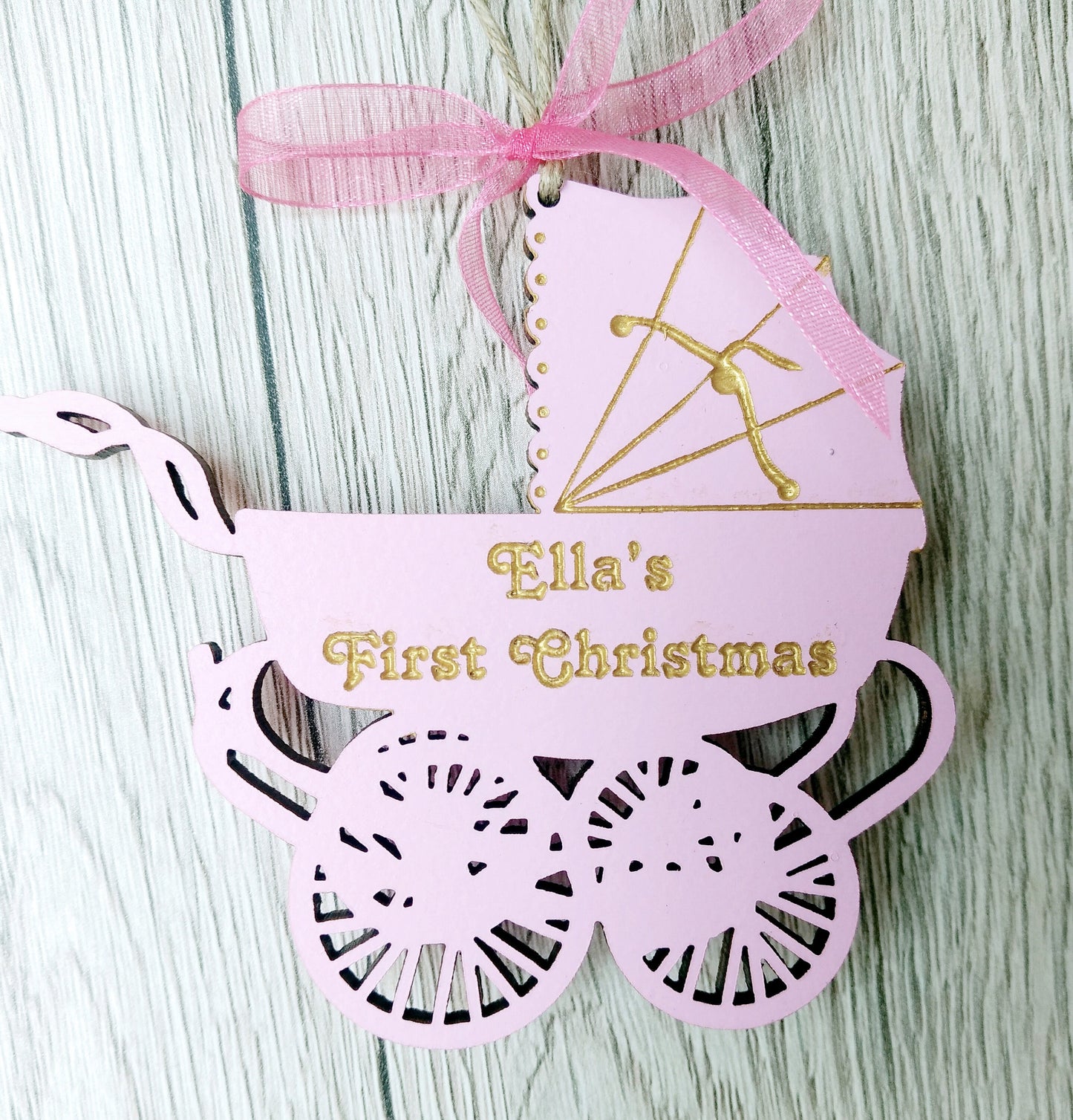 Baby's first Christmas wooden ornament personalized pram shaped decorations Xmas message text kids name