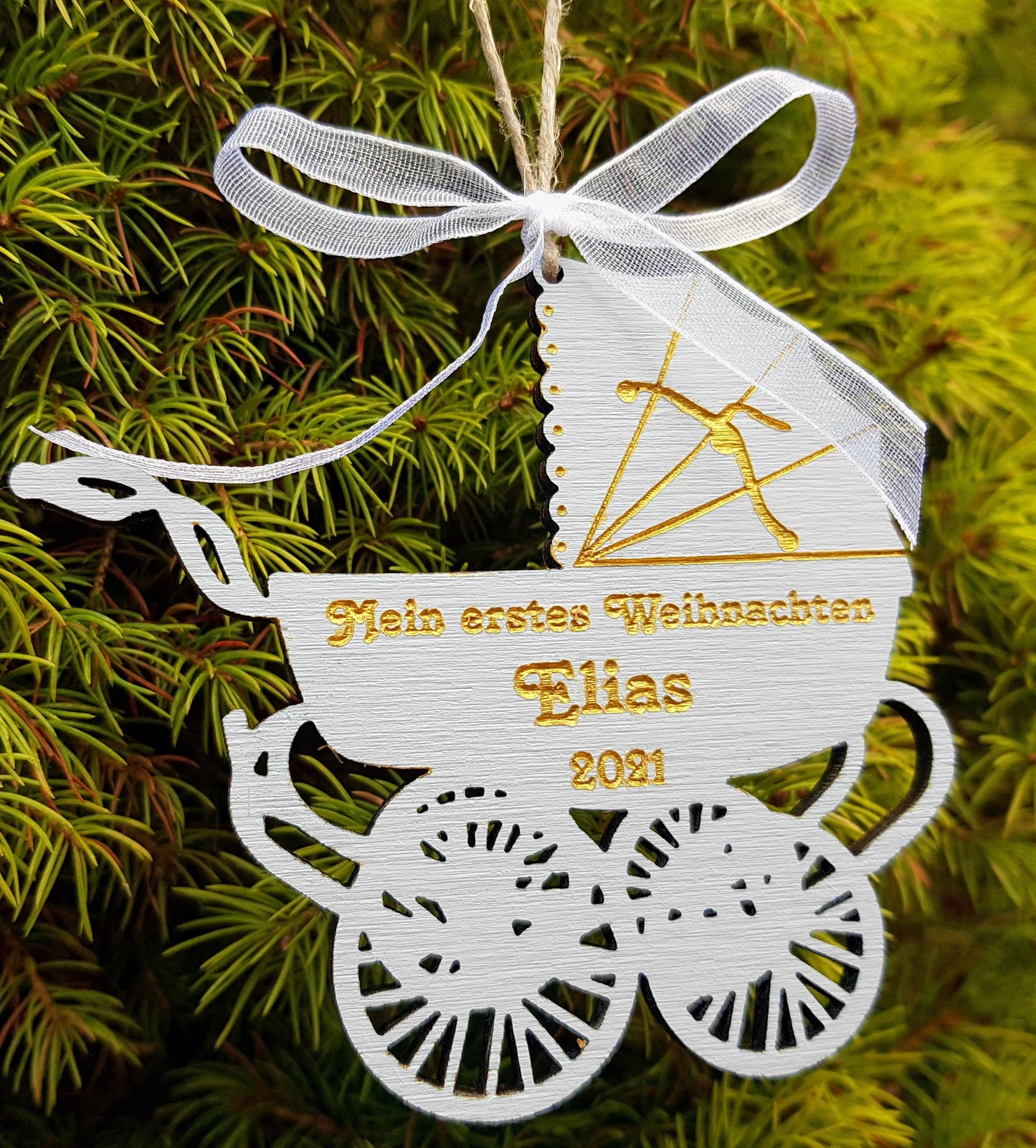 Baby's first Christmas wooden ornament personalized pram shaped decorations Xmas message text kids name